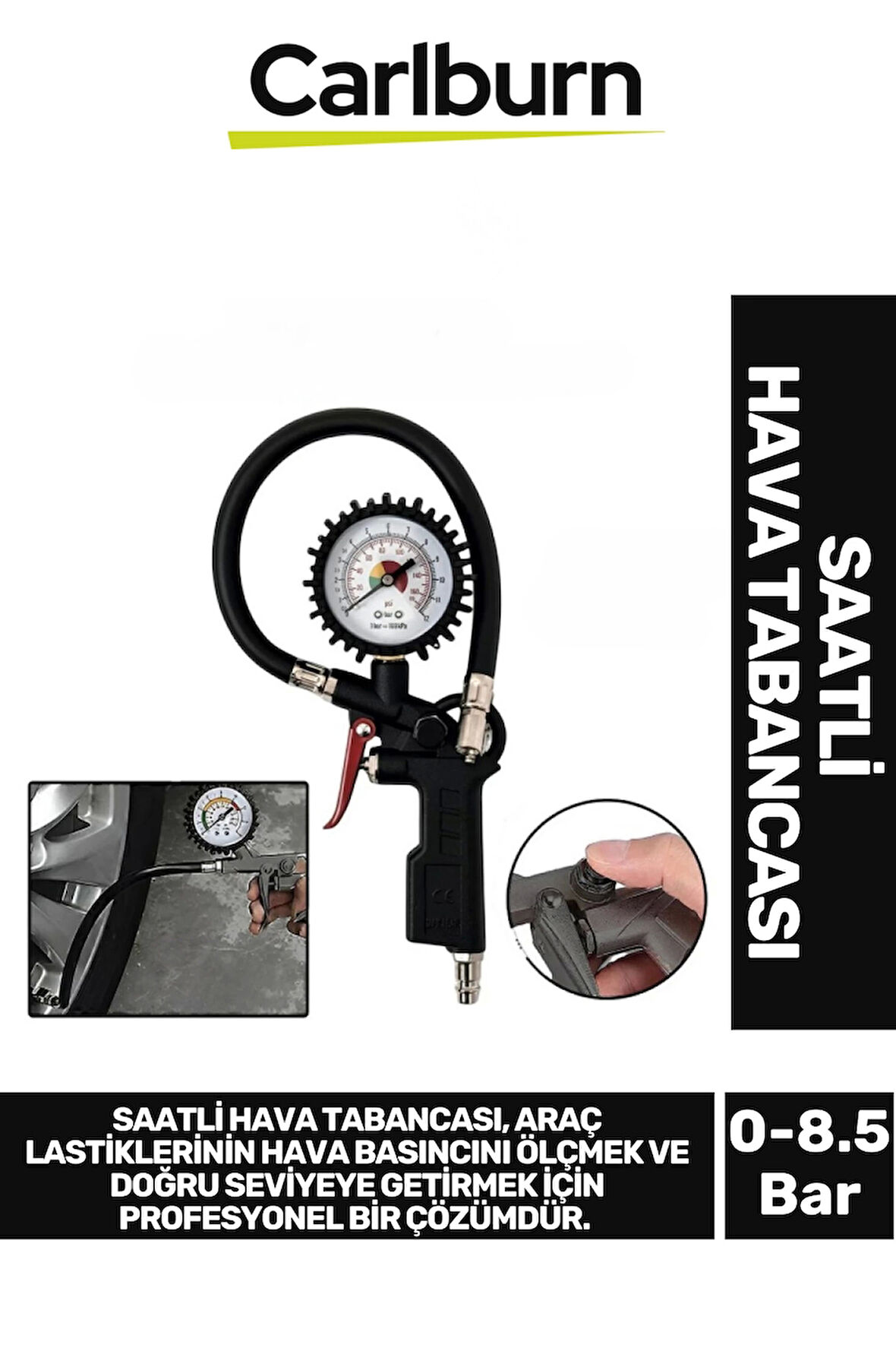 Premium Dayanıklı 500 mm Uzunluğunda Hassas Manometre Lastik Basıncı 0-8.5 Bar Saatli Hava Tabancası