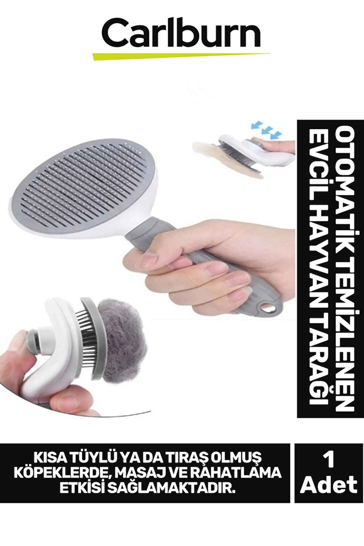 Premium Otomatik Tuşlu Temizlenen Evcil Hayvan Kedi Köpek Pet Tüy Toplayıcı Tarağı - Gri