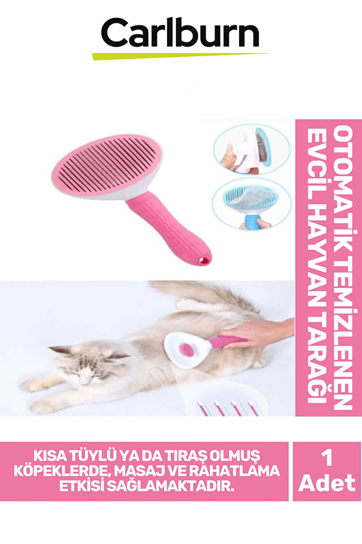 Premium Otomatik Tuşlu Temizlenen Evcil Hayvan Kedi Köpek Pet Tüy Toplayıcı Tarağı - Pembe