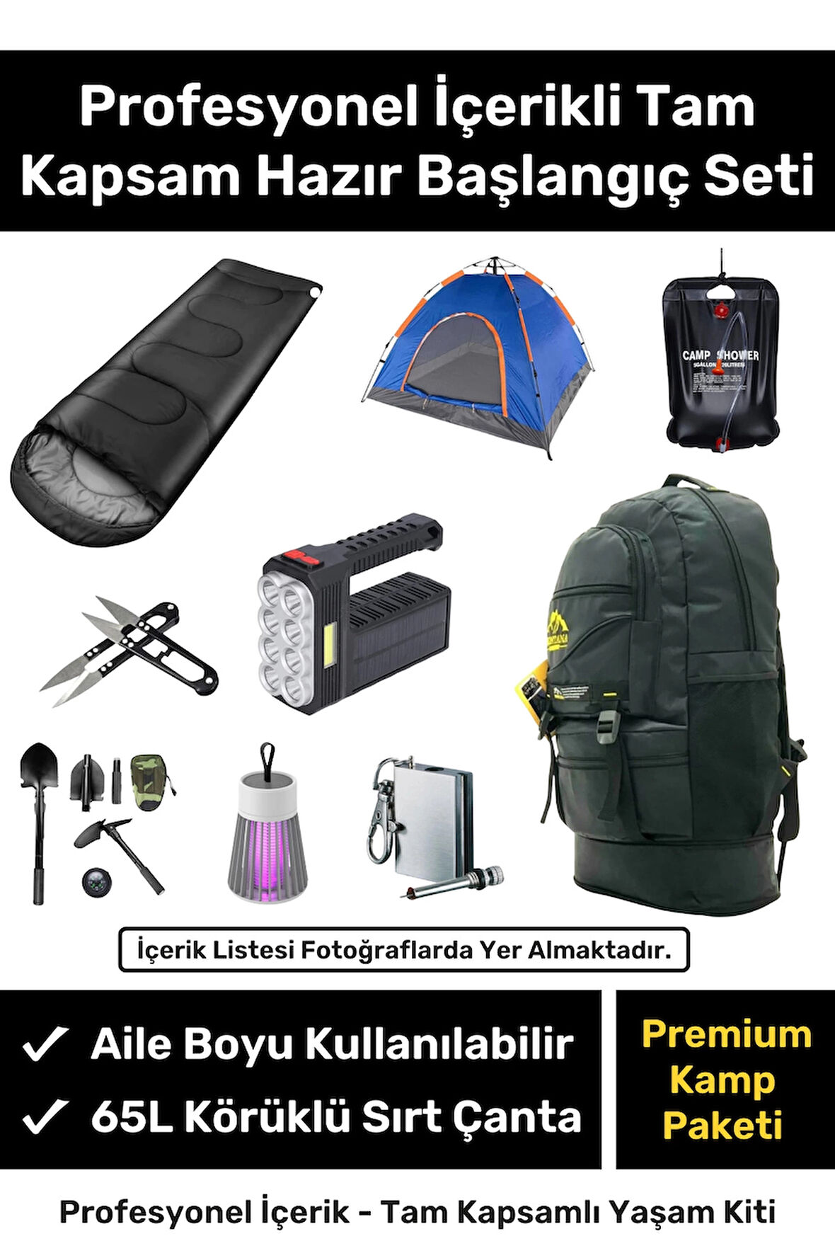 Profesyonel Tam Kapsamlı İçerik Hazır Başlangıç Seti Çadır 65L Körüklü Kamp Sırt Çantası Yaşam Kiti