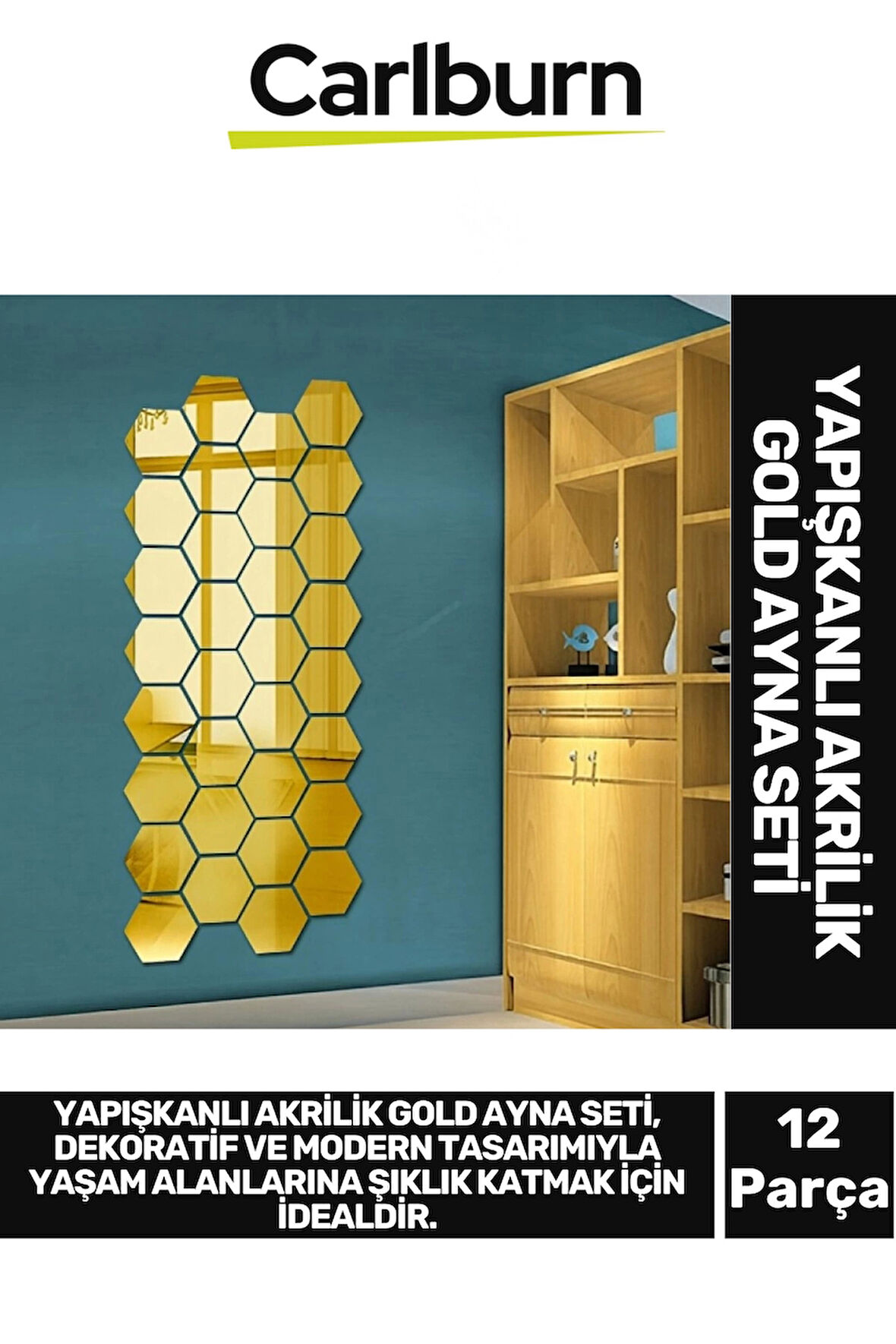 Özel Üretim Dekoratif Modern Altıgen Ev Ofis Duvar Dolap Yapışkanlı Akrilik Gold Ayna Seti 12 Adet