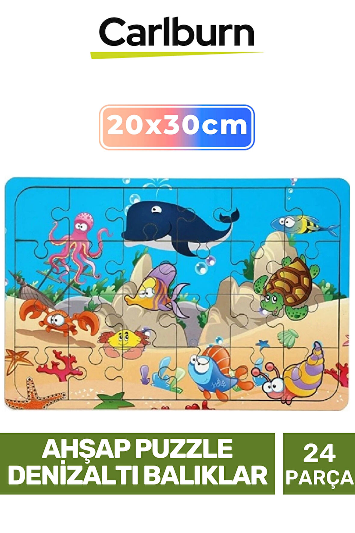 Premium Eğitici Zeka Geliştirici Öğretici Göz Koordinasyonu Ahşap Puzzle Denizaltı Balıklar 24 Parça