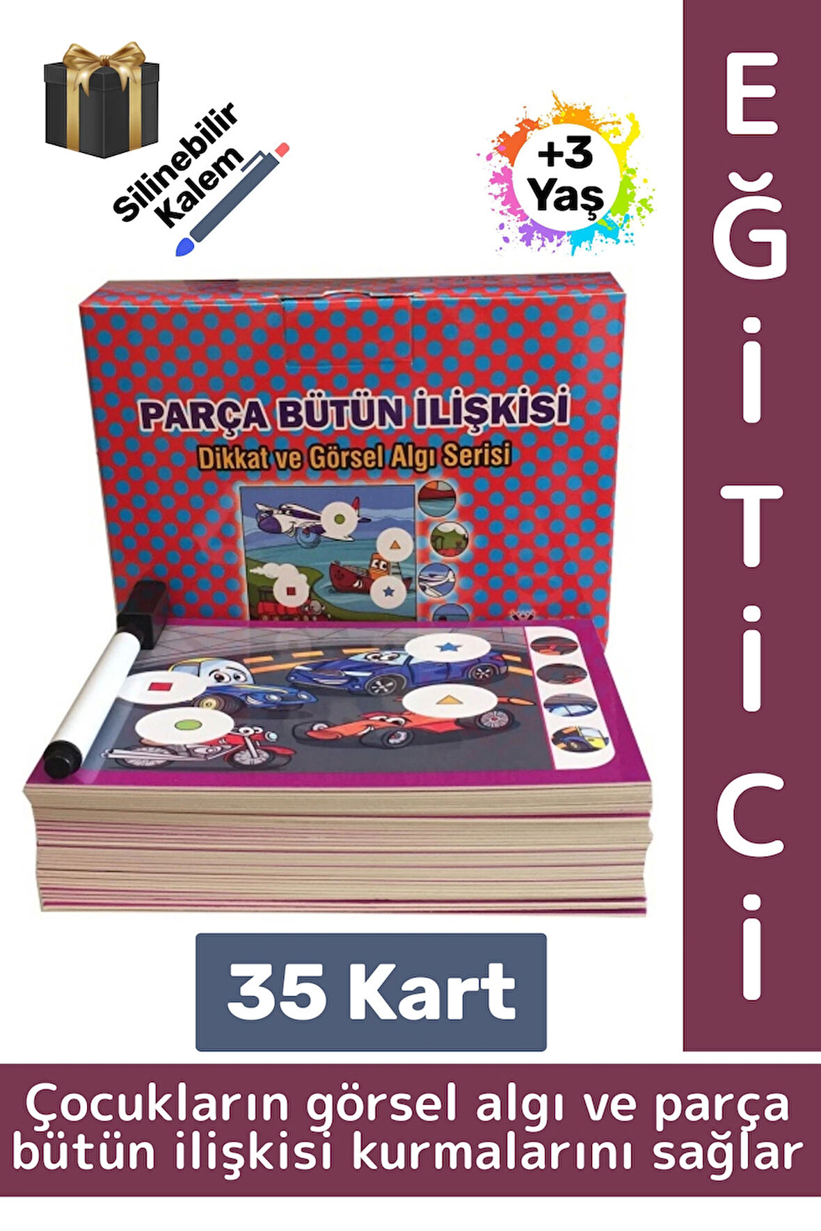 Eğitici Çocuk Görsel Algı Beceri Geliştirici Silinebilir Kalem 35 Kart Parça Bütün İlişkisi 3-6 Yaş