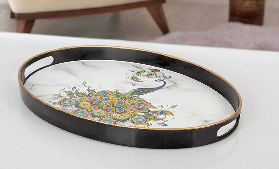 Zucci Otantik Oval Tavus Kuşu Desenli Tepsi 