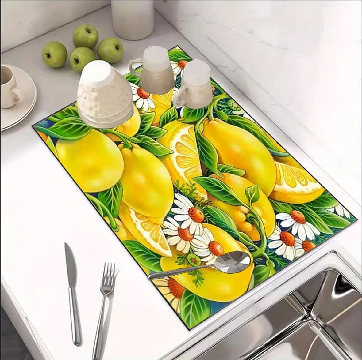 55 CM x 45 CM LİMON ÇİÇEĞİ TASARIMI TEZGAH ÜSTÜ BULAŞIK KURUTMA MATI BULAŞIKLIK KURUTMA ÖRTÜSÜ