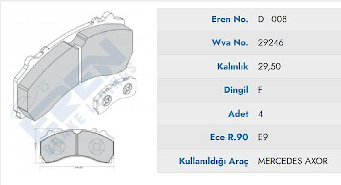 Mercedes Truck On Fren Balatası Axor Actros Mp4 10> Arocs Antos 1842 1835 1848 2036 2040  (mavı Kutu) - Eren Hp D.008/1 M201