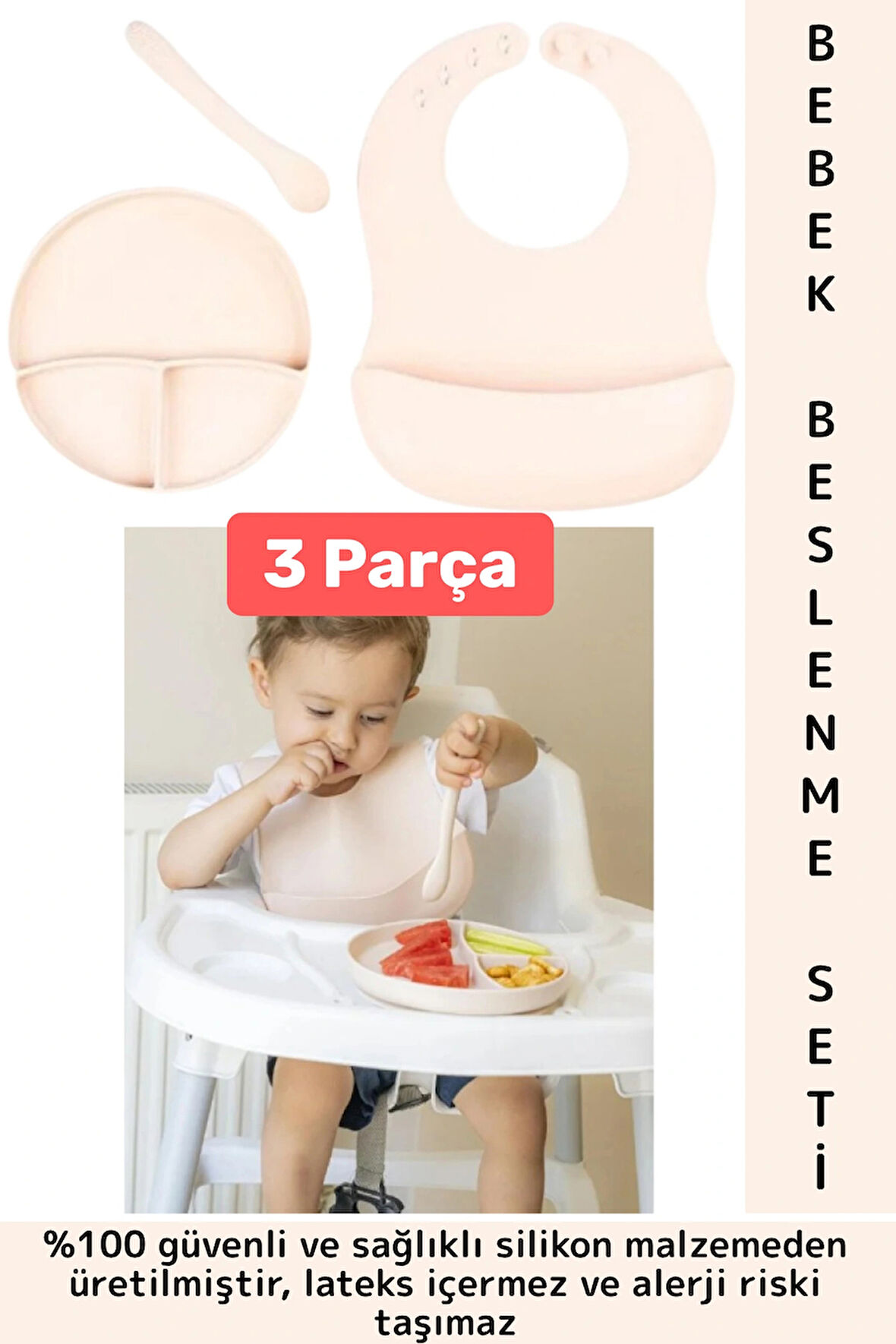 Kaymaz Sağlıklı Önlük Diş Kaşıyıcılı Kaşık Vakumlu Tabak 3 Parça Silikon Bebek Beslenme Seti Krem