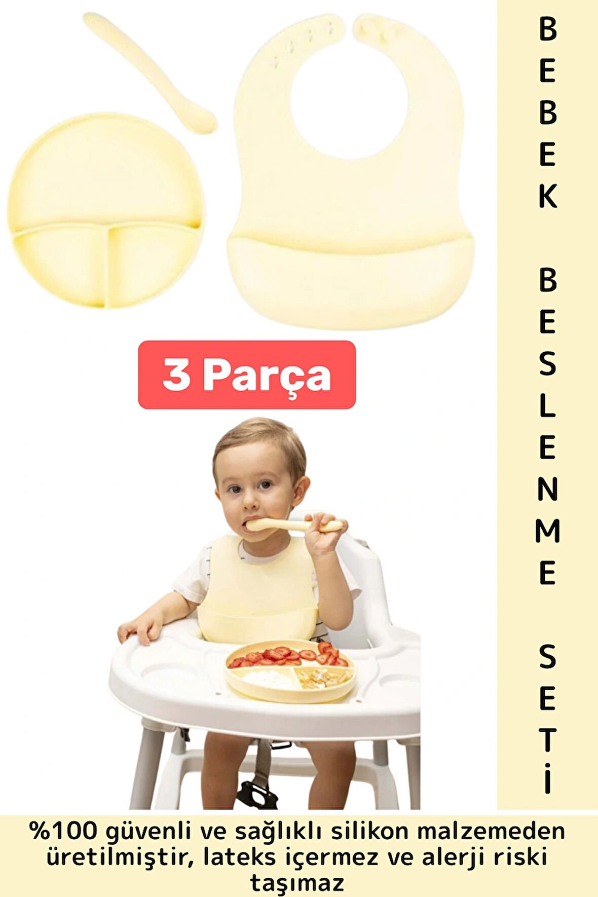 Kaymaz Sağlıklı Önlük Diş Kaşıyıcılı Kaşık Vakumlu Tabak 3 Parça Silikon Bebek Beslenme Seti Sarı