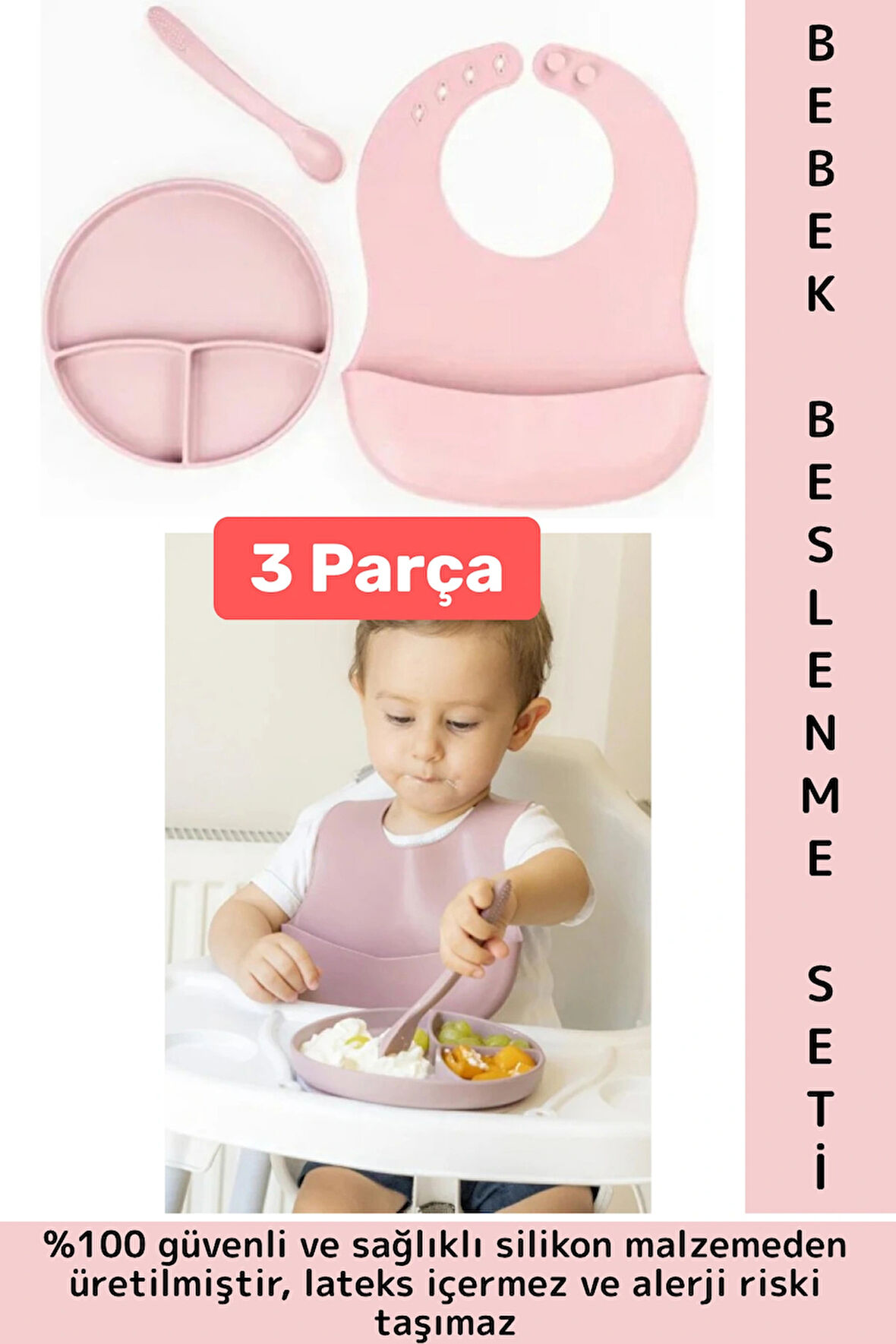 Kaymaz Sağlıklı Önlük Diş Kaşıyıcılı Kaşık Vakumlu Tabak 3 Parça Silikon Bebek Beslenme Seti Pembe