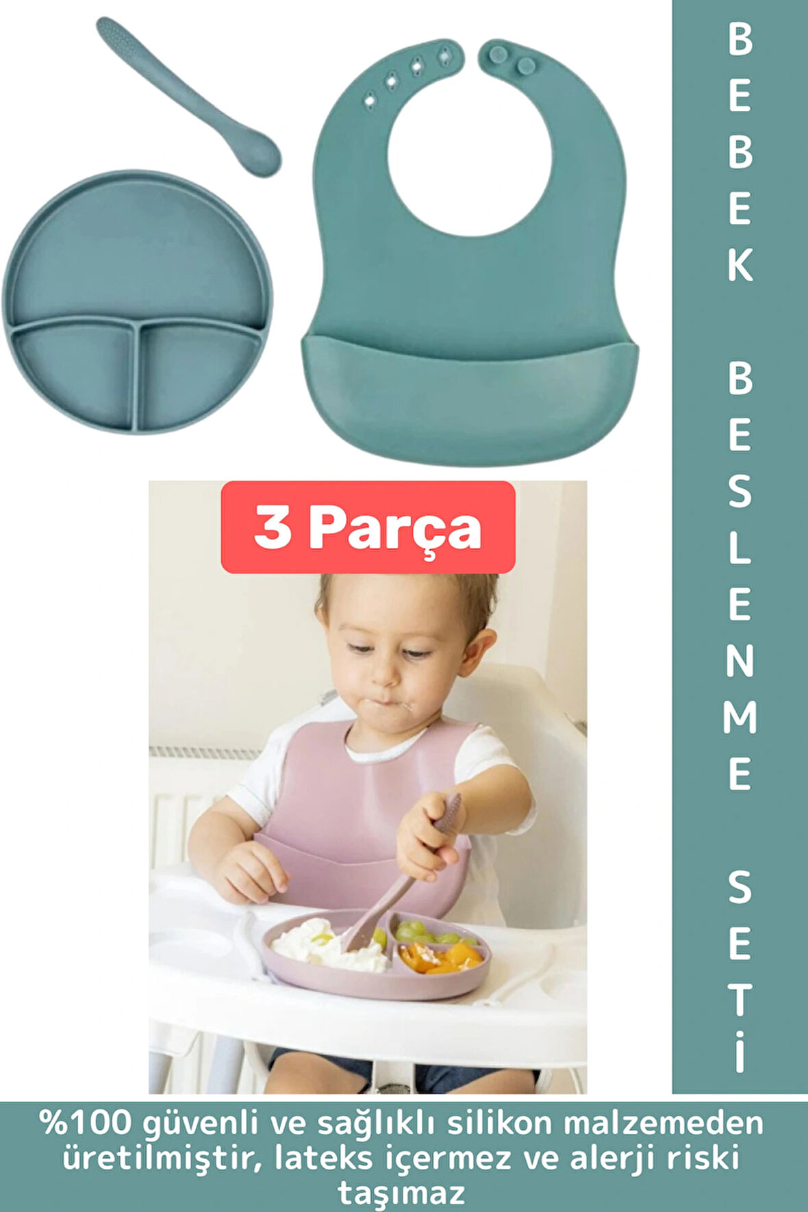 Kaymaz Sağlıklı Önlük Diş Kaşıyıcılı Kaşık Vakumlu Tabak 3 Parça Silikon Bebek Beslenme Seti Yeşil