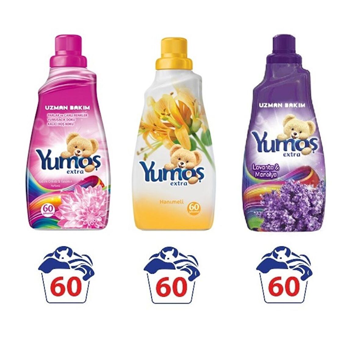 Yumoş Extra Hanımeli & Lavanta & Manolya & Yabani Orkide & Yasemin Beyazlar ve Renkliler İçin Konsantre Yumuşatıcı 3 x 1440 ml 180 Yıkama