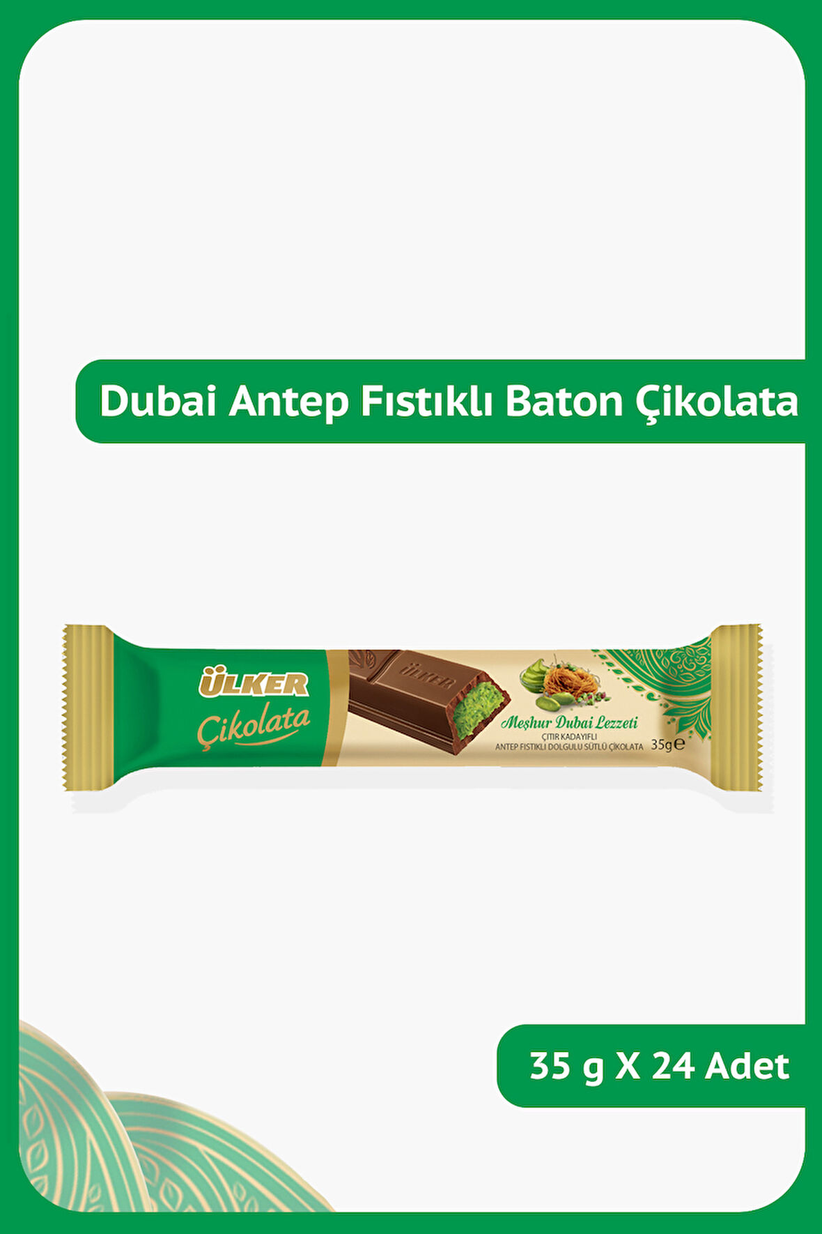DUBAİ - Antep Fıstıklı Çıtır Kadayıflı Sütlü Çikolata - 35 gram - 24 Adet