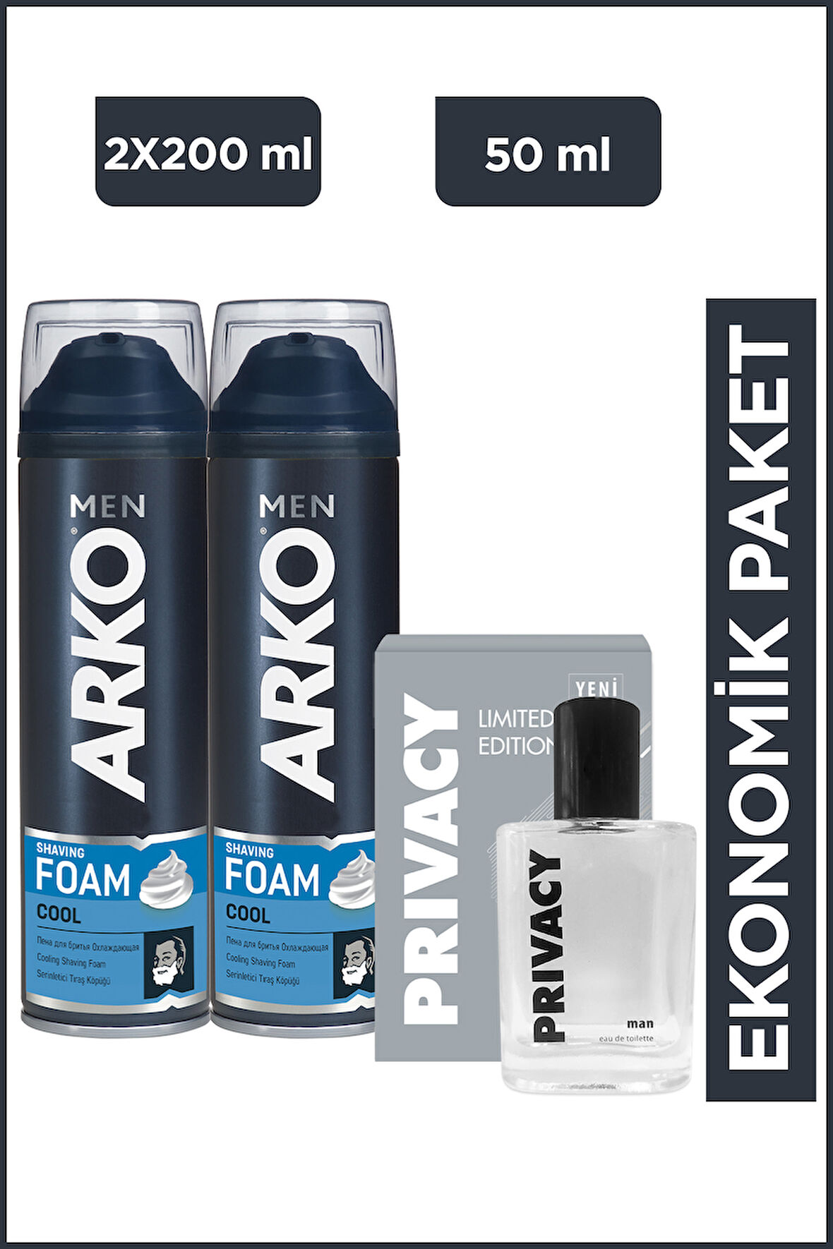 Arko Men Cool Tıraş Köpüğü 2x200 Ml + Privacy Men Limited Edition Edt Parfüm 50 Ml