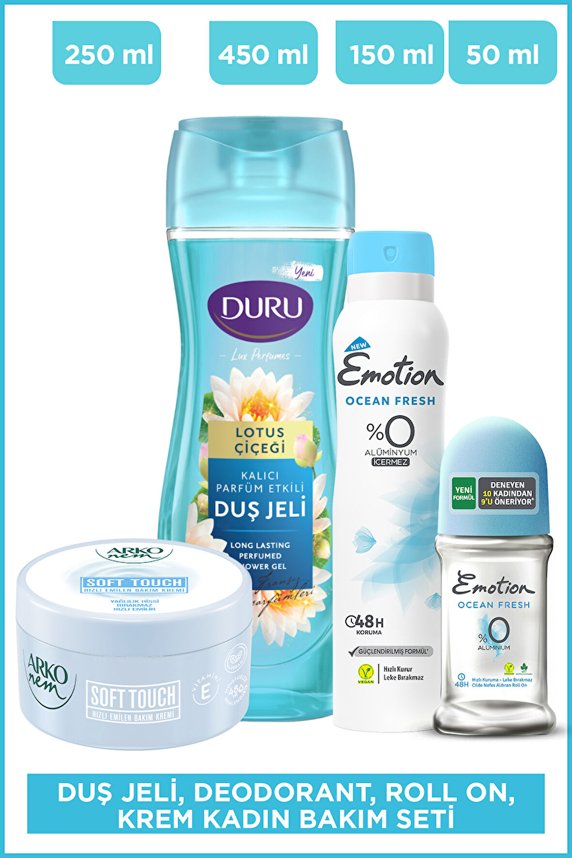 Duş Jeli, Deodorant, Roll On, Krem Kadın Bakım Seti