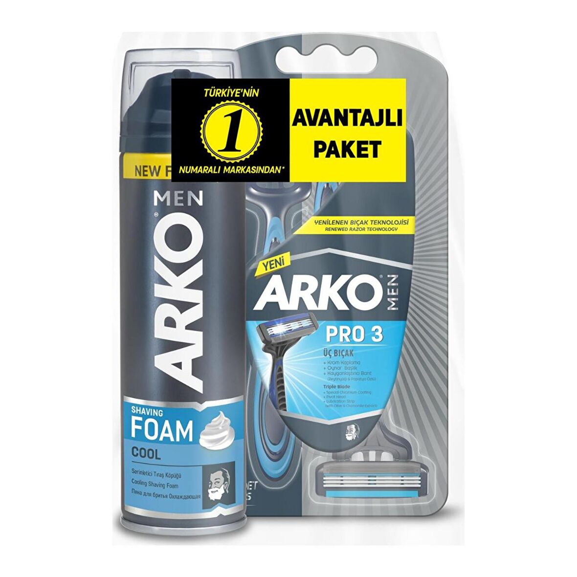 ARKO MEN T3 TRAŞ BICAĞI 3LÜ+ARKO KÖPÜK COOL 200ML 