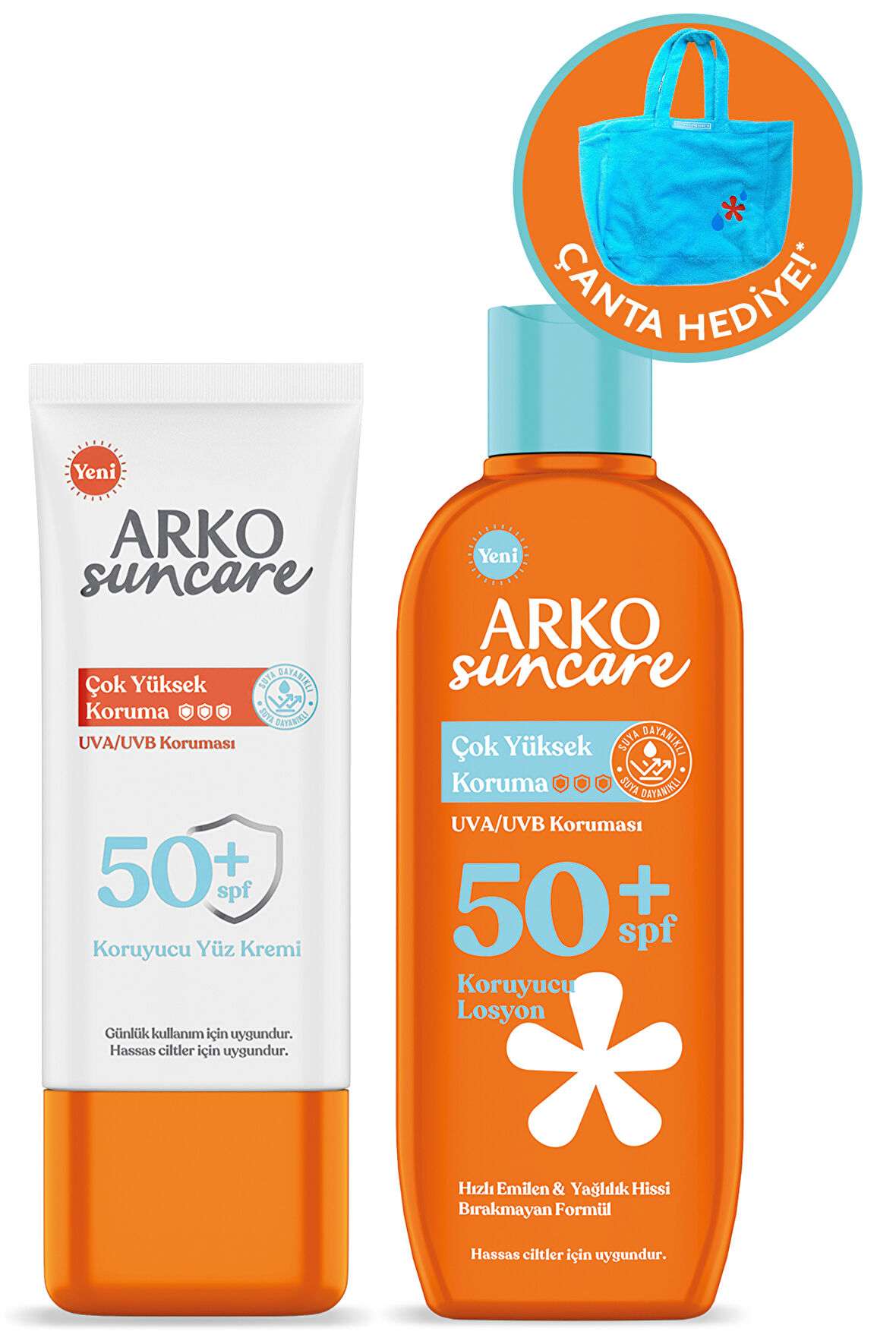 Spf50+ Vücut Güneş Losyonu 200 ml & Spf50+ Yüz Güneş Kremi 50 ml Çanta Hediyeli İkili Yaz Seti