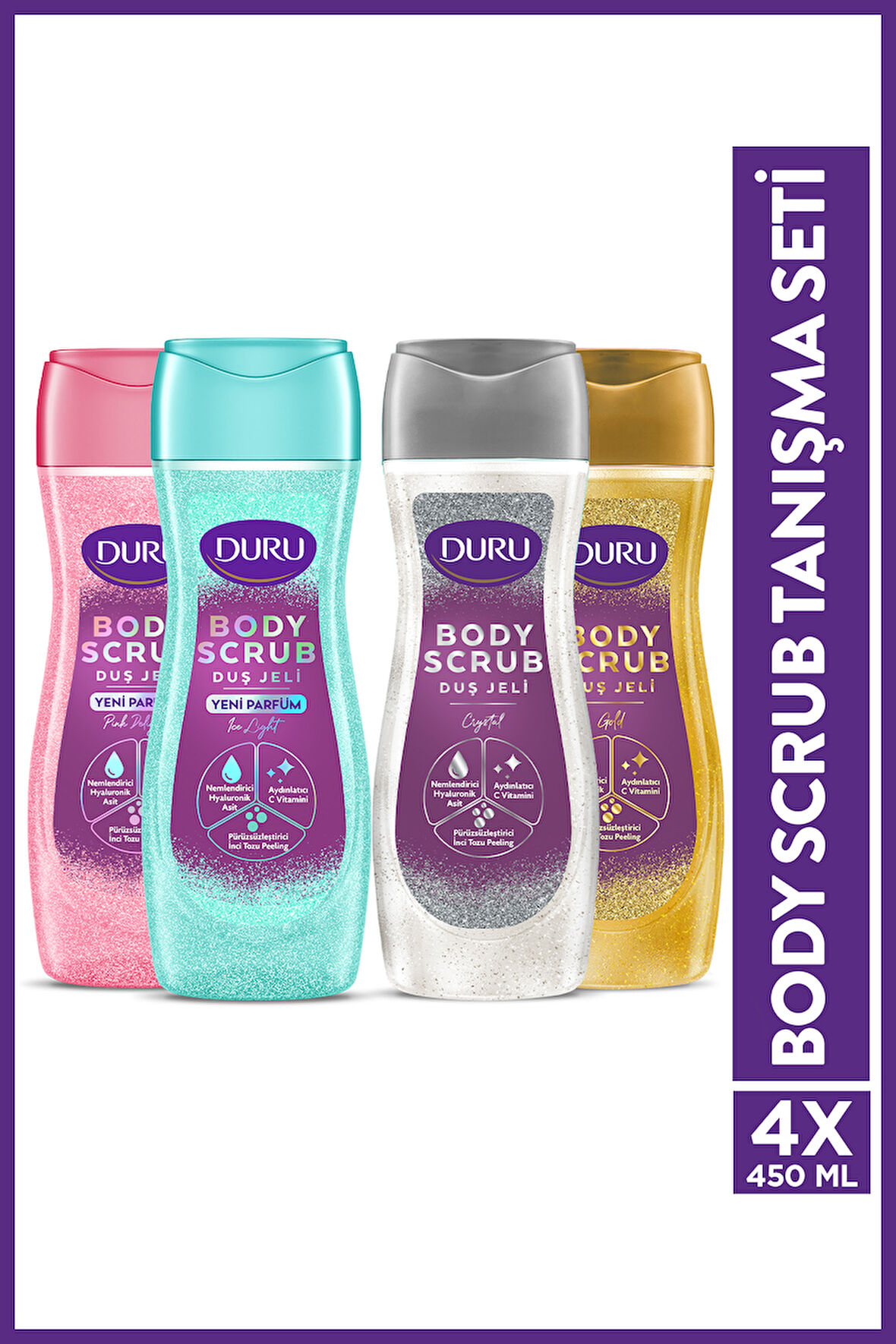 DURU BODY SCRUB DUŞ JELİ TANIŞMA SETİ 4X450 ML (GOLD&CRYSTAL-PINK&ICE)