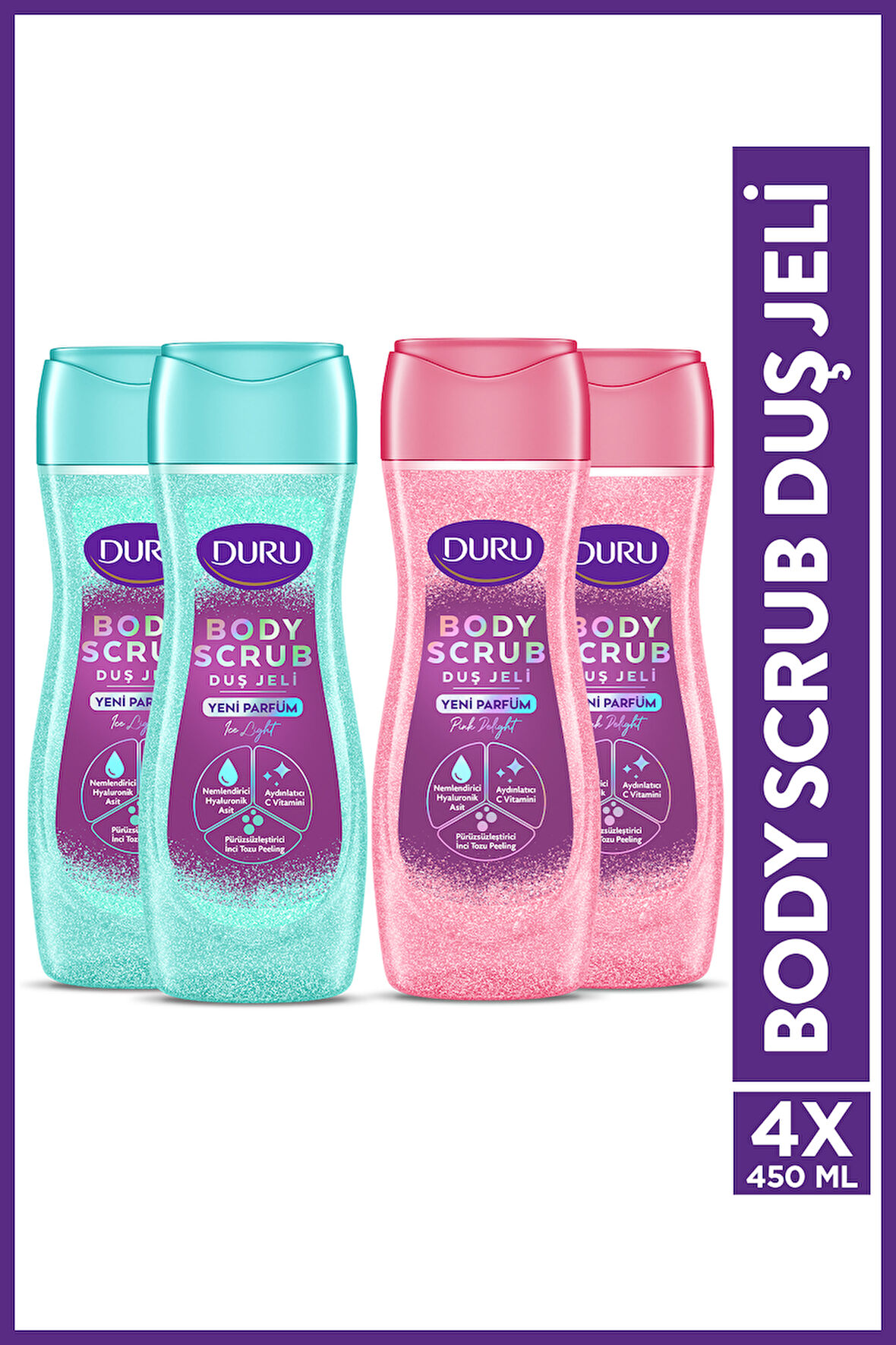DURU BODY SCRUB PINK DELIGHT & ICE LIGHT DUŞ JELİ 4X450 ML