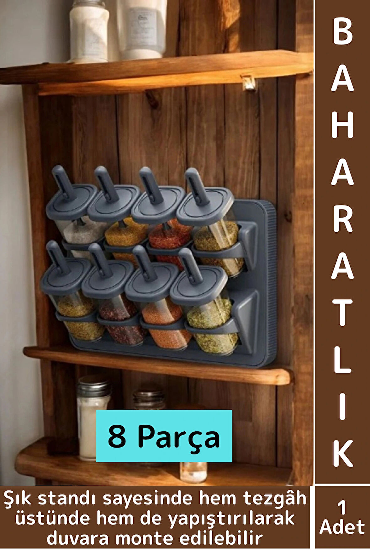 Premium Mutfak Tezgah Üstü Duvara Monte Edilebilir Standlı Çok Şık Kaşıklı Baharatlık 8 Parça 350 ML