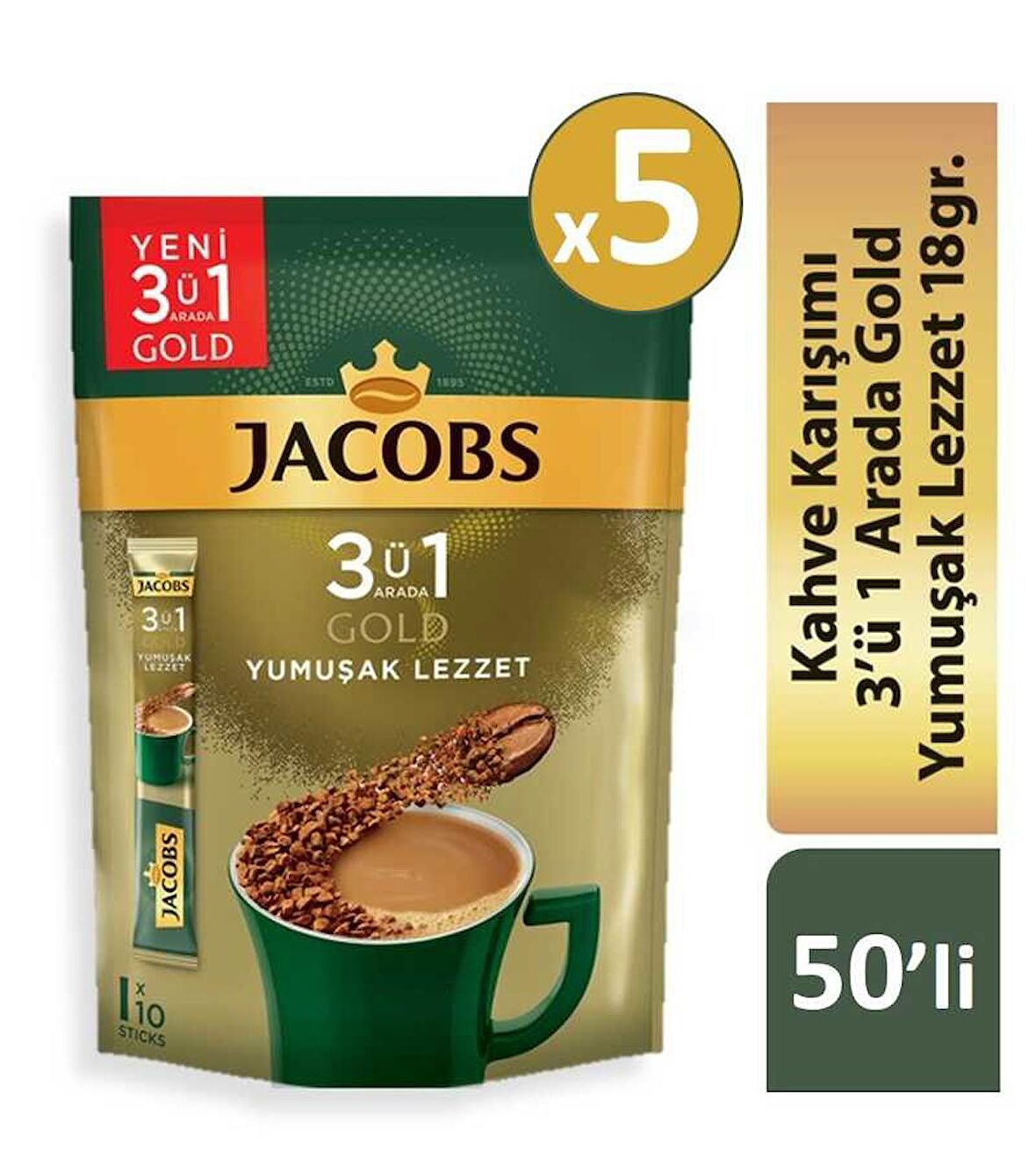 Jacobs Gold Yumuşak Lezzet 3'ü 1 Arada 18 gr 5x10'lu Hazır Kahve