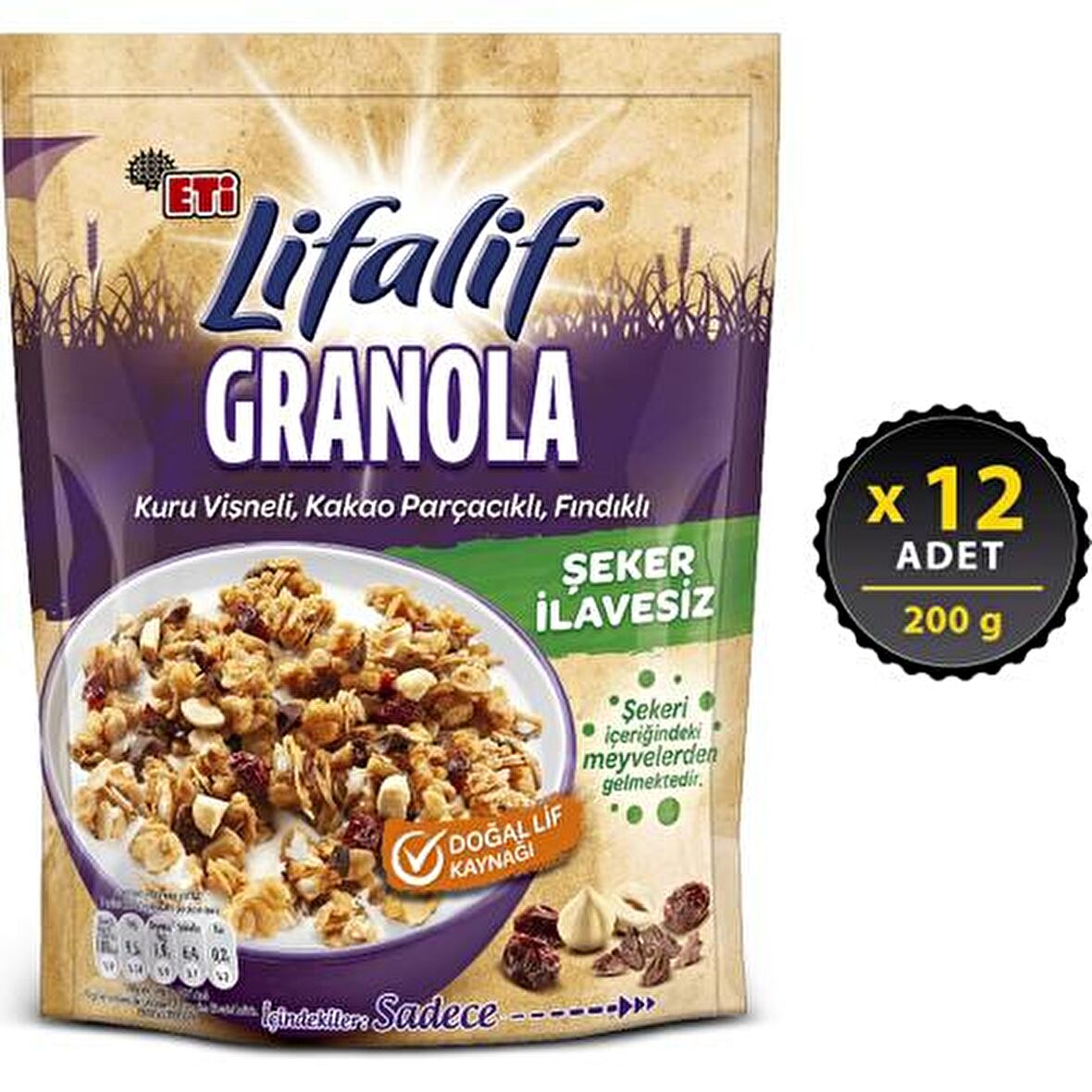 Eti Lifalif Granola Kuru Vişneli, Kakao Parçacıklı, Fındıklı 200 g x 12 Adet