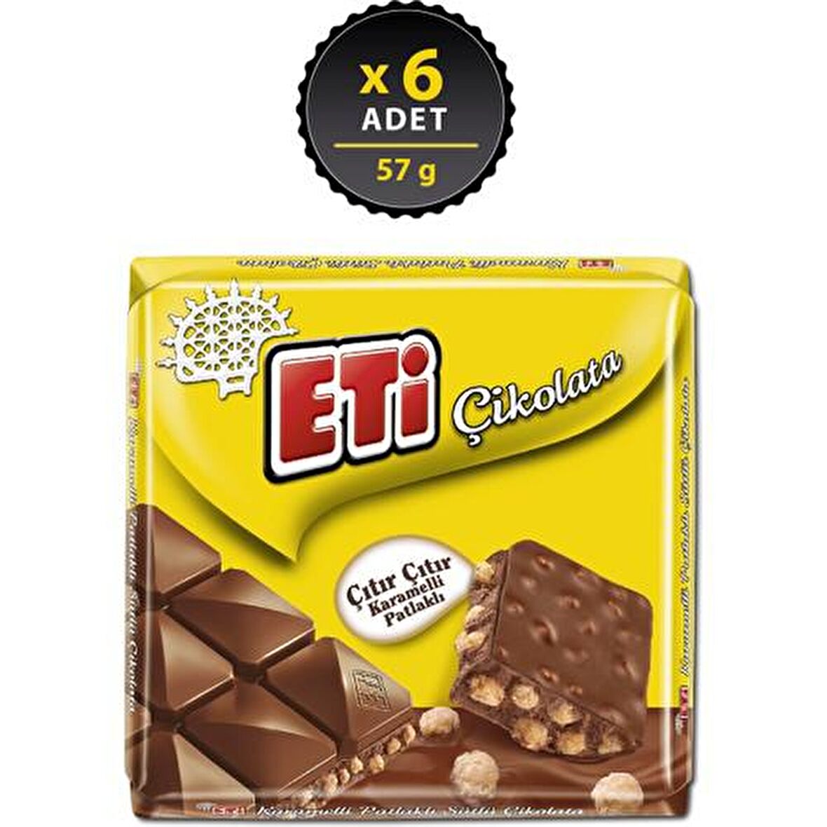 Eti Çikolata Karamelli Patlaklı Sütlü Kare 57 g x 6 Adet