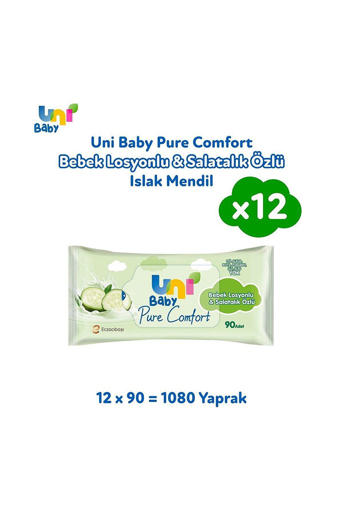 Uni Baby Pure Comfort Bebek Losyonlu & Salatalık Özlü Islak Mendil 12'Li 1080 Yaprak