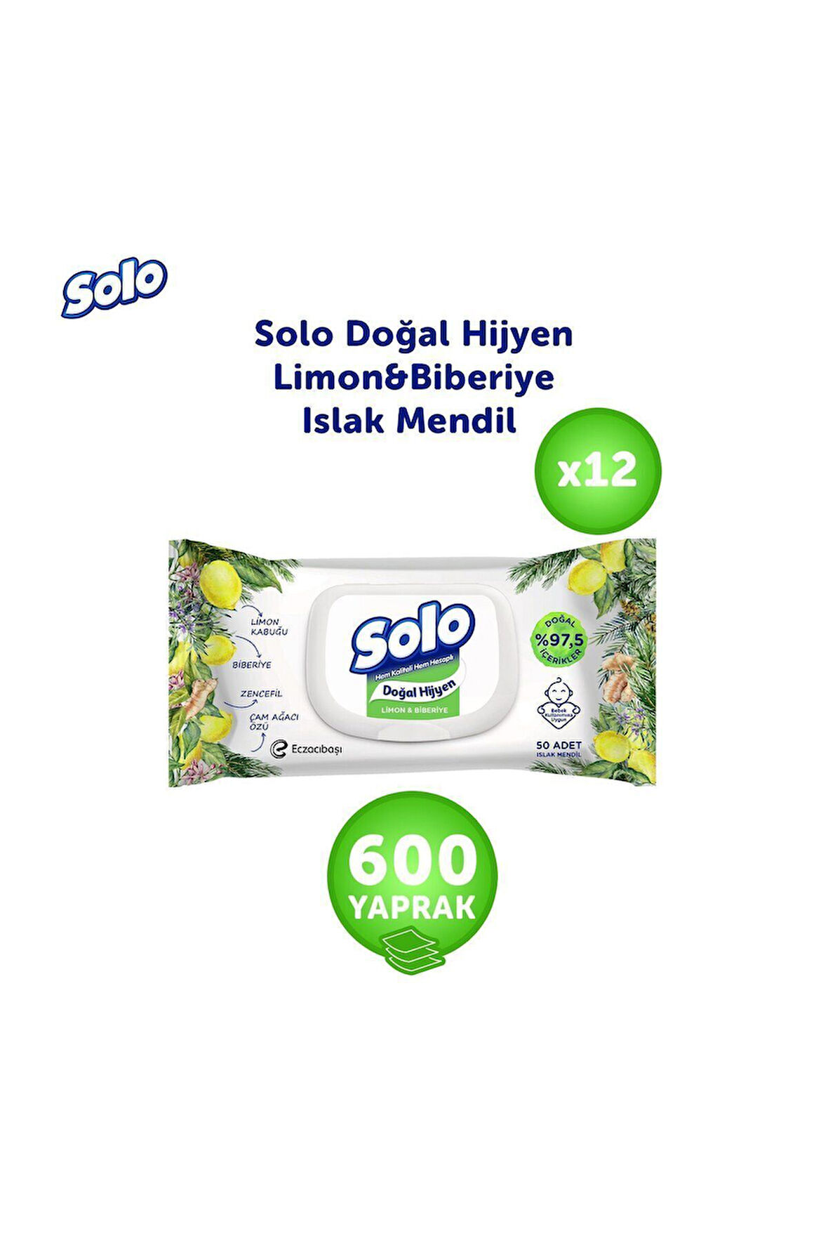 Solo Doğal Hijyen Limon&biberiye Islak Mendil 12'li 600 Yaprak