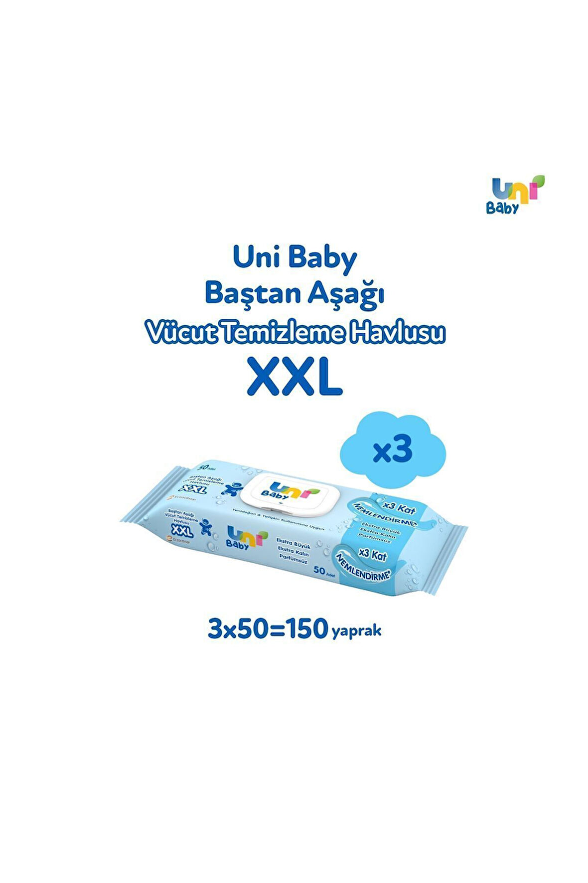 Uni Baby Vücut Temizleme Havlusu Xxl 3'lü 150 Yaprak