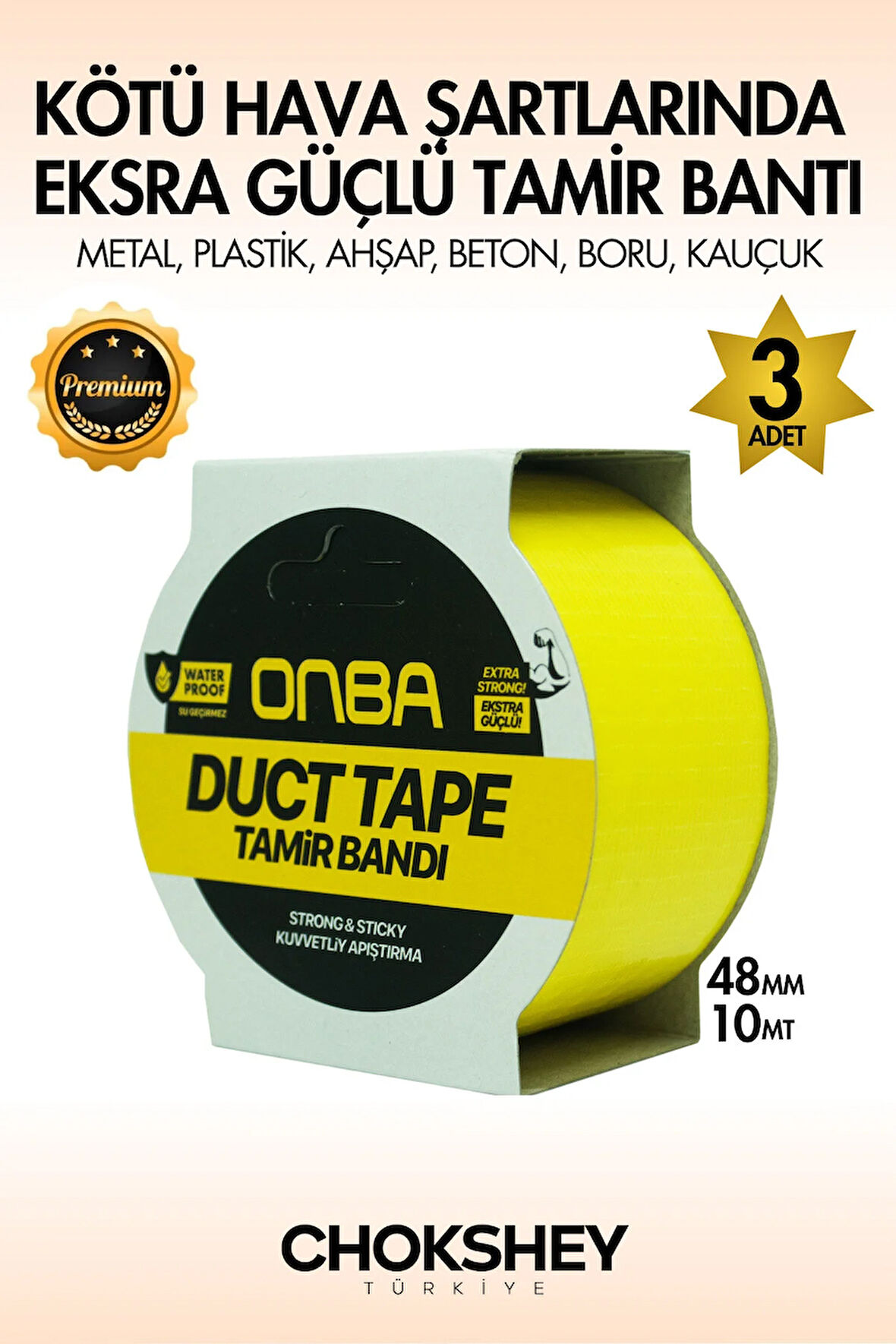 Süper Güçlü Su Geçirmez Sızdırmaz Sarı Renk Çok Amaçlı İzolasyon ve Tamir Bandı 48mm x 10m - 3 Adet