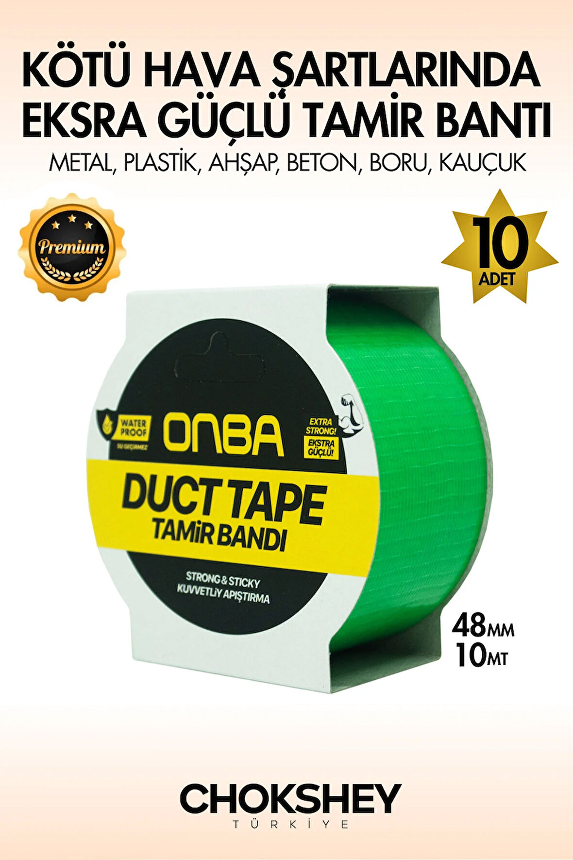 Süper Güçlü Su Geçirmez Sızdırmaz Yeşil Renk Çok Amaçlı İzolasyon ve Tamir Bandı 48mm x 10m - 10Adet