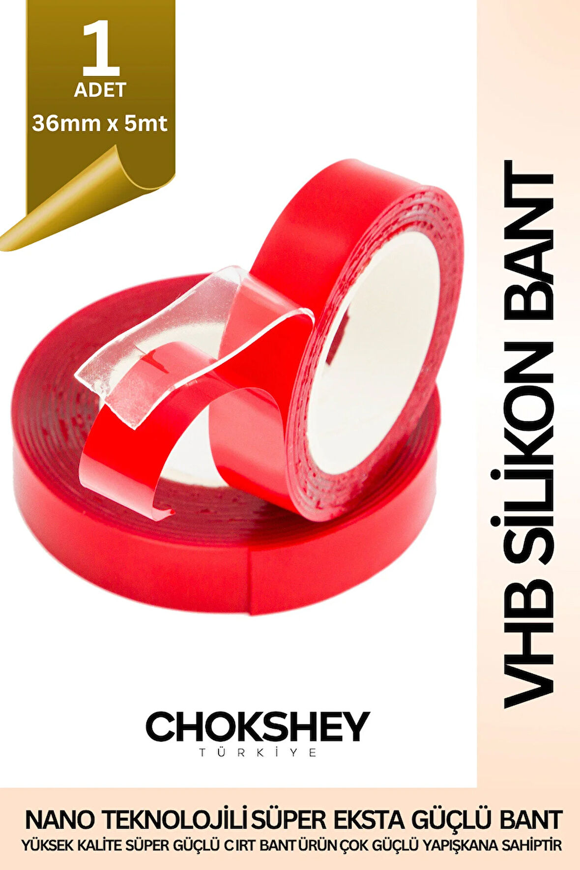 Çift Taraflı Vhb Şeffaf Silikon Band 50 Kg Ekstra Güçlü İç Dış Mekan Uyumlu 36mmx5mt - 1 Adet