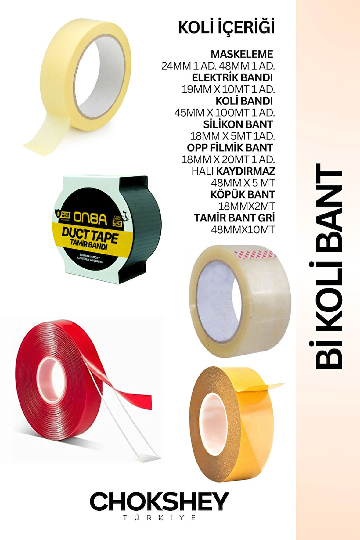 Bant Seti – 7 Parça Karışık Koli, Maskeleme, Elektrik, Silikon, Halı ve Köpük Bant Çeşitleri