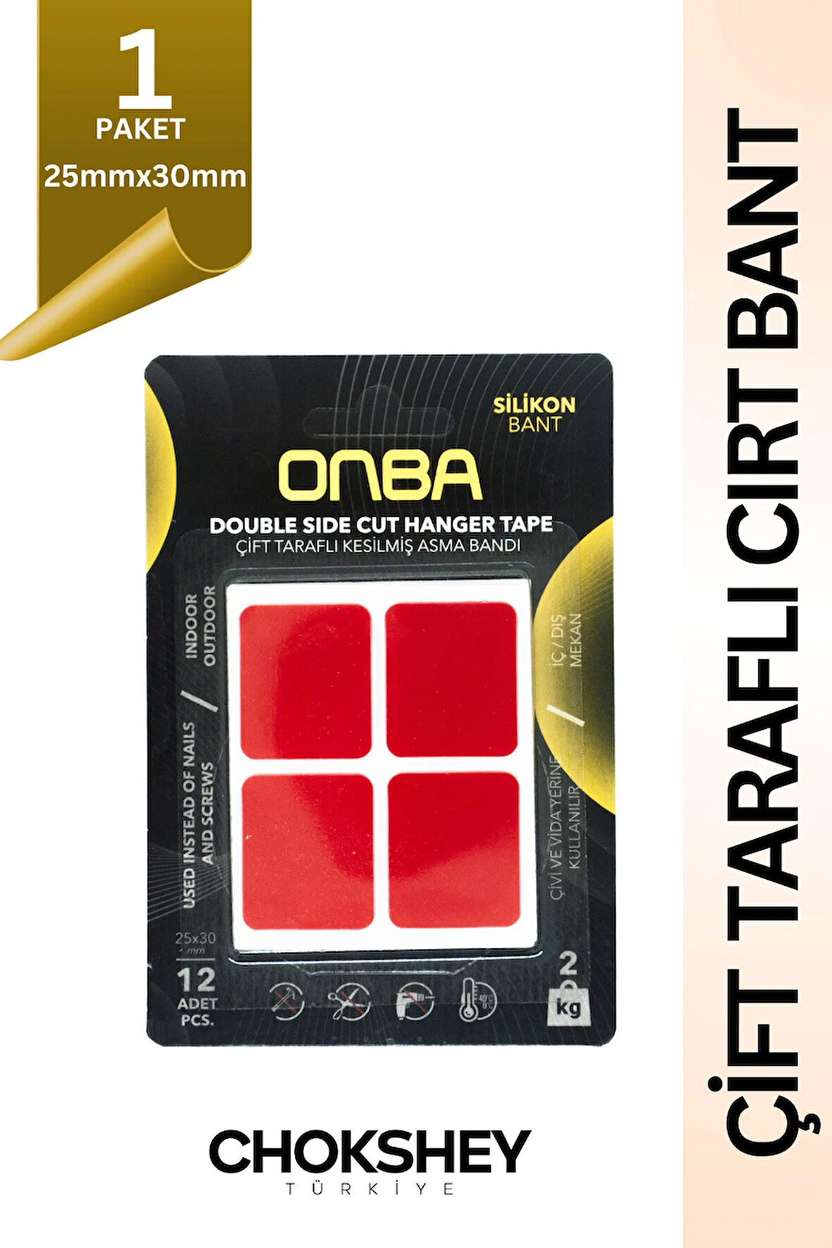 Hazır Kesilmiş Çift Taraflı Kesilmiş Silikon Bant - 25mmx30mm 1 Paket - 12 Adet