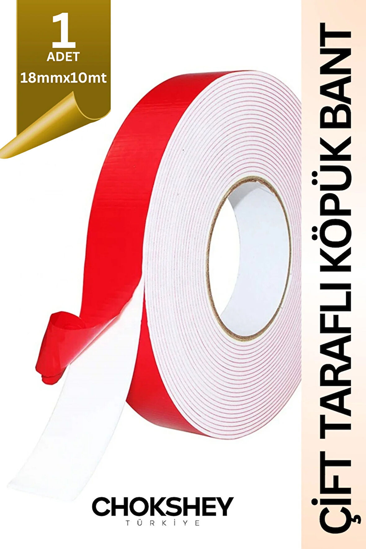 Çift Taraflı Köpük Bant Kırmızı Beyaz Güçlü Yapışkan Esnek Kullanım - 18mmx10mt - 1 Adet