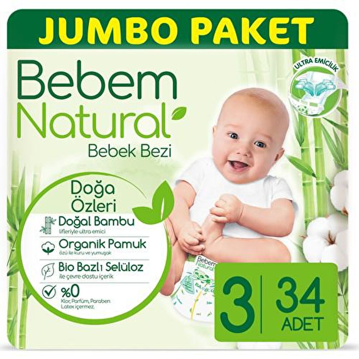 Bebem Natural Bebek Bezi 3 Beden Midi 34'lü