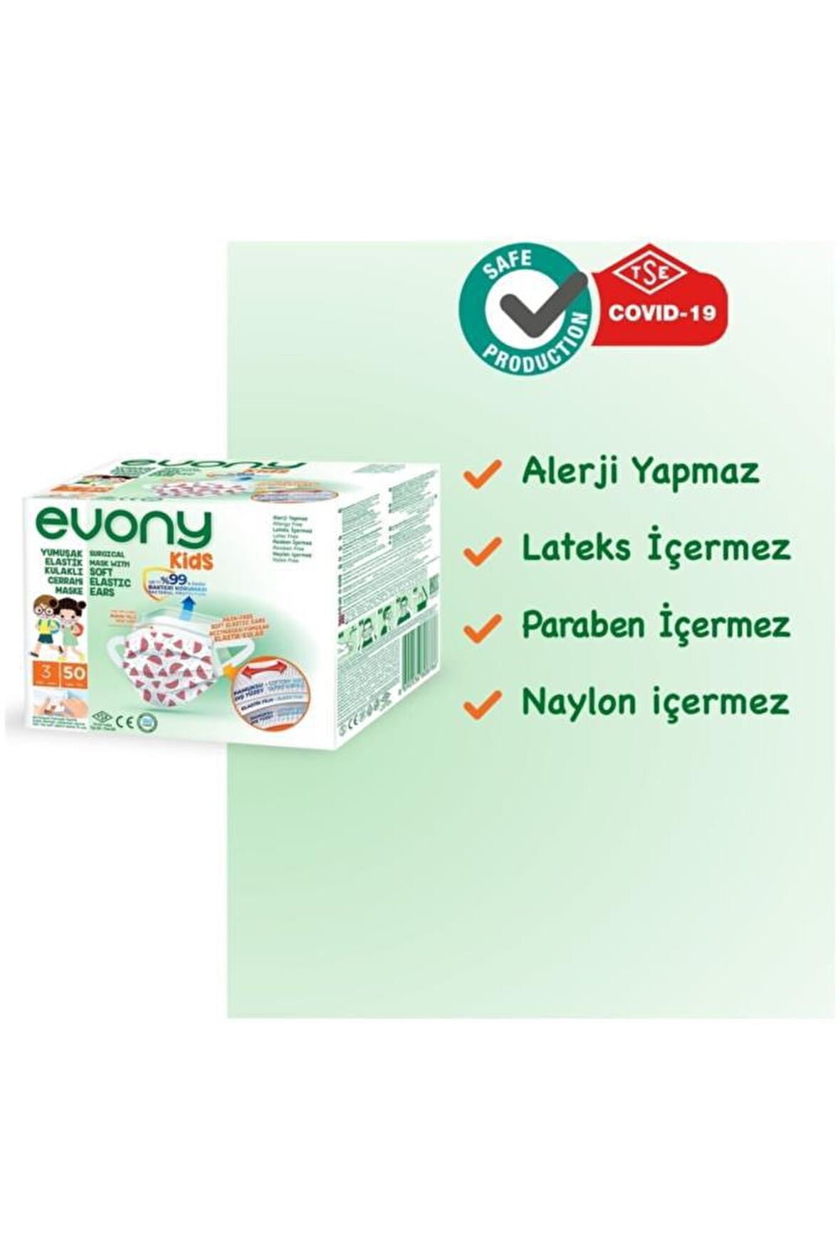 Evony Kids Yumuşak Elastik Kulaklı Cerrahi Maske 3 Katlı 50 Adet