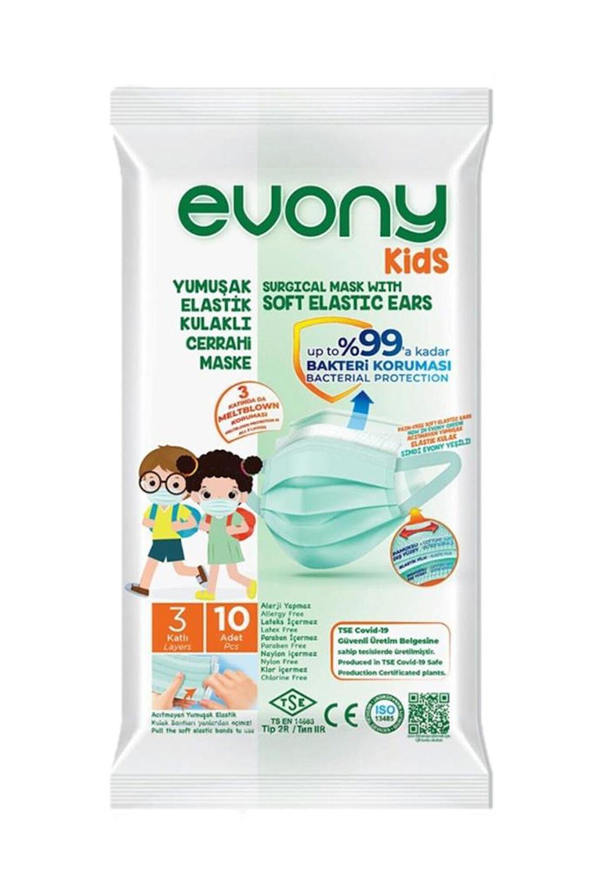 EVONY ÇOCUK YEŞİL MASKE LASTİK HALKALI 10 LU PAKET