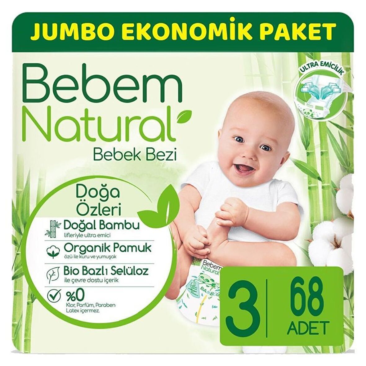 Bebem Natural Midi 3 Beden (4-9 Kg) Jumbo Avantaj Paketi 68'li