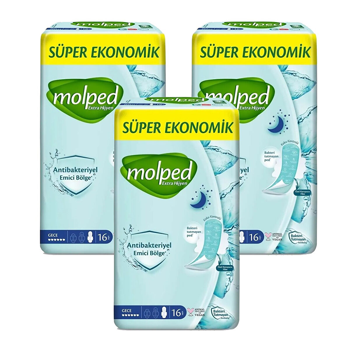 Molped Extra Hijyen Antibakteriyel Ped Gece Extra Uzun 16 lı x 3 Adet