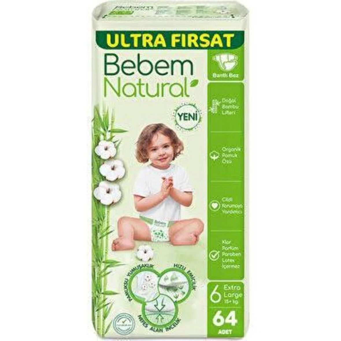 Bebem Natural Ultra Fırsat Extra Large 6 Numara Bebek Bezi 64 Adet 15+ Kg