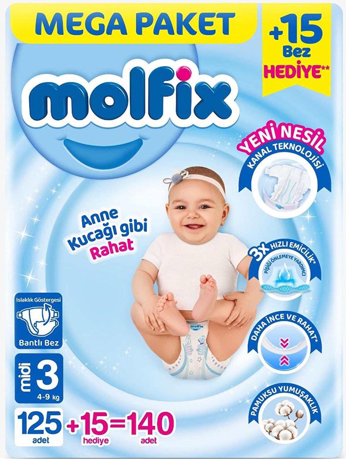 Molfix Bebek Bezi Beden:3 (4-9KG) Midi 140 Adet Pk Mega Pk
