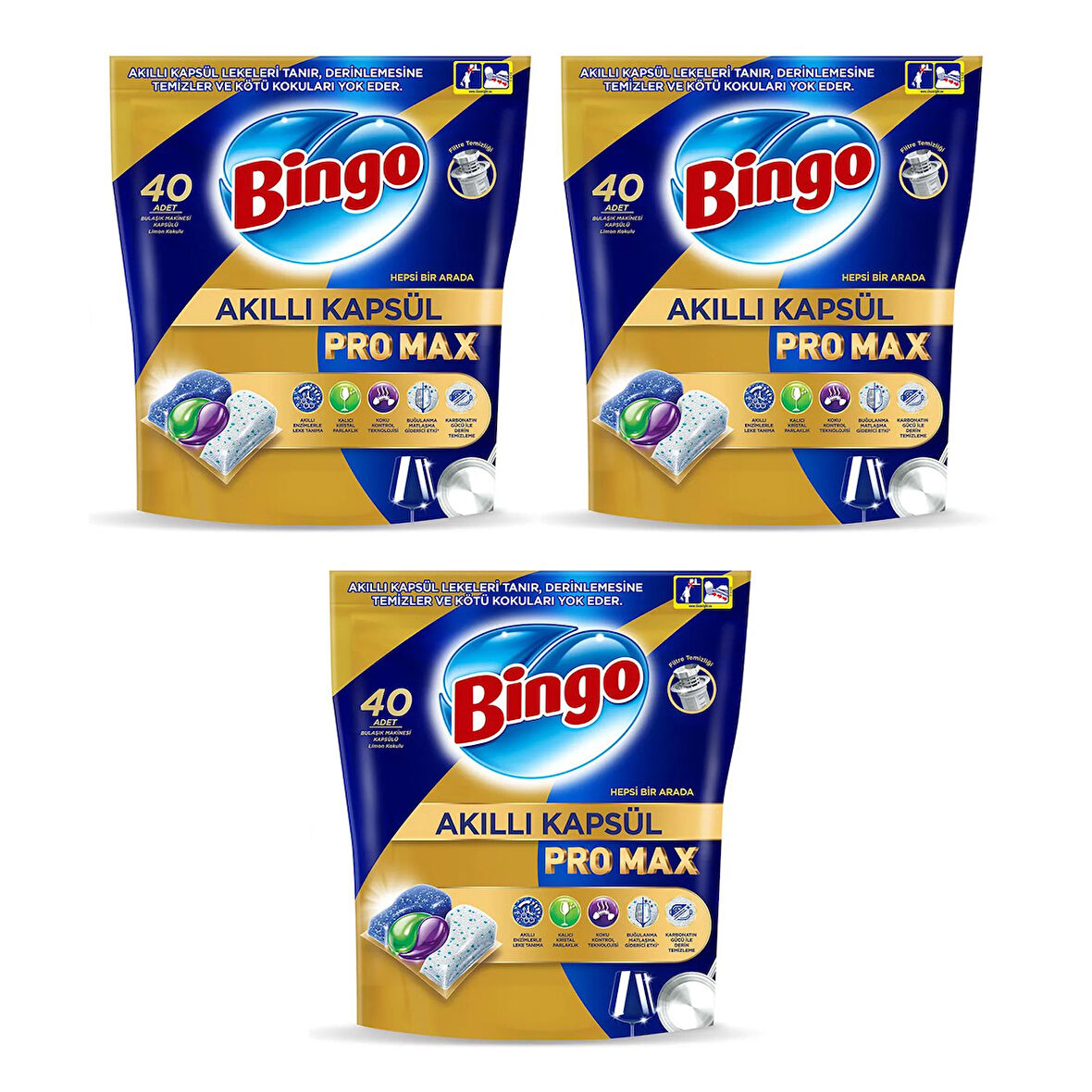 Bingo Akıllı Kapsül Pro Max Bulaşık Makinesi Tableti 40'lı x 3 Adet (120 Kapsül)