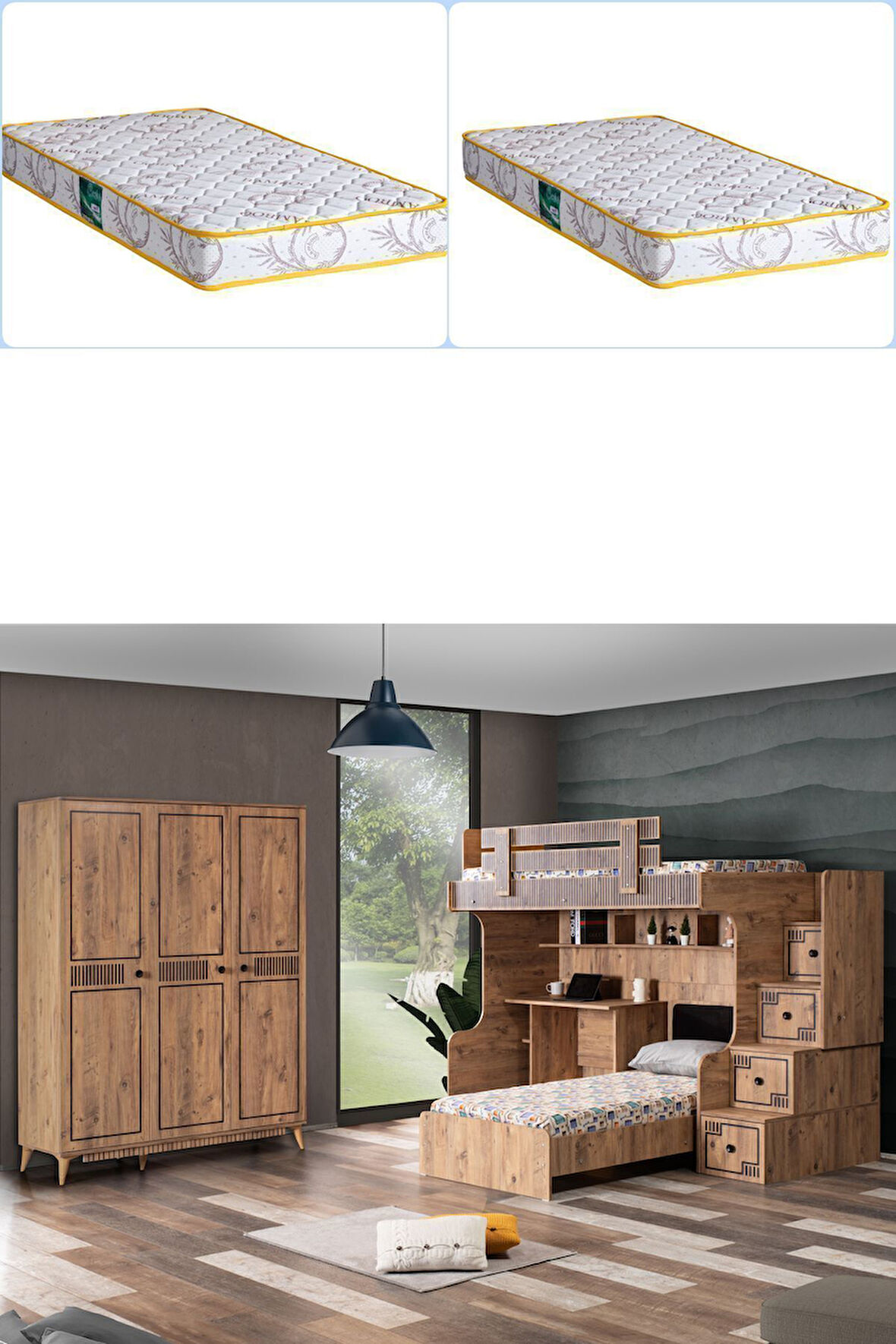 Ranza, Natural Ranza Karyola Masa 3 Kapaklı Dolap - 2 Adet Comfort Yatak