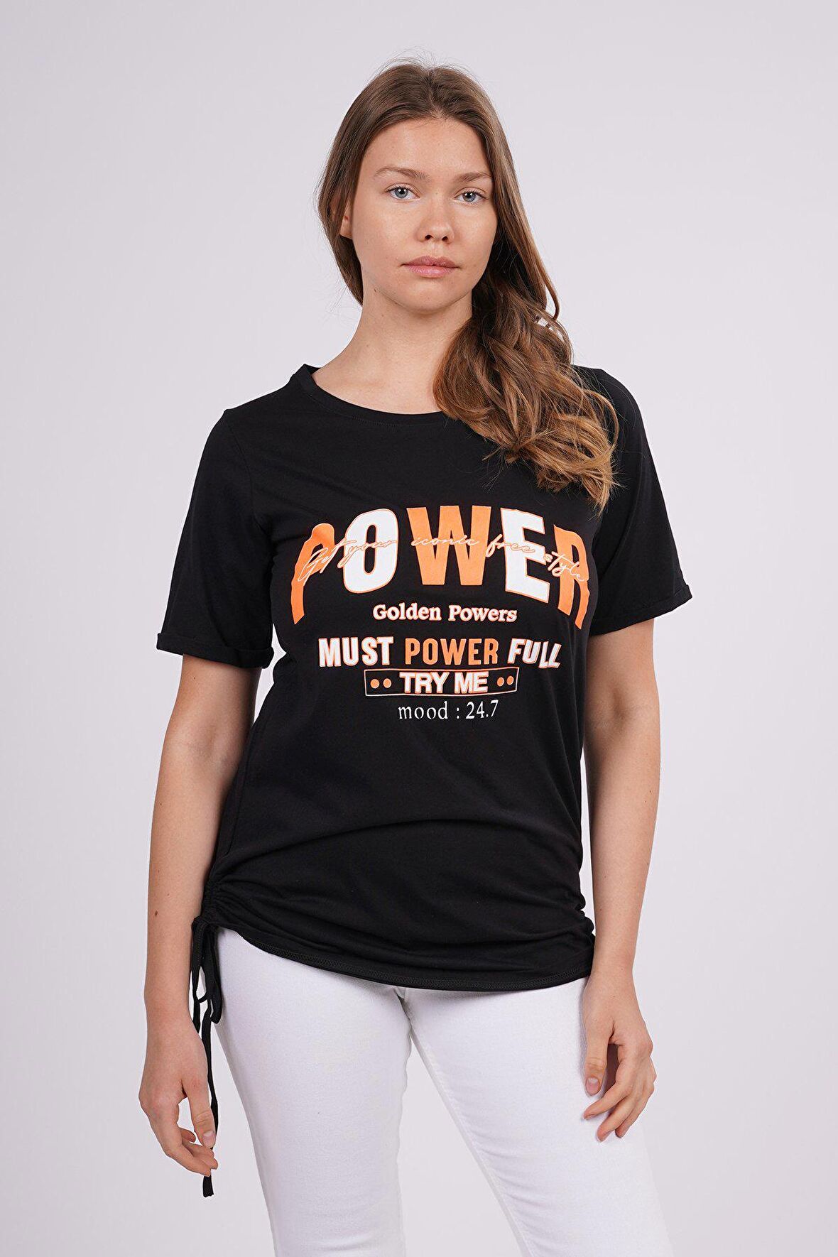 Gabria Yan Büzgülü Baskılı T-shirt