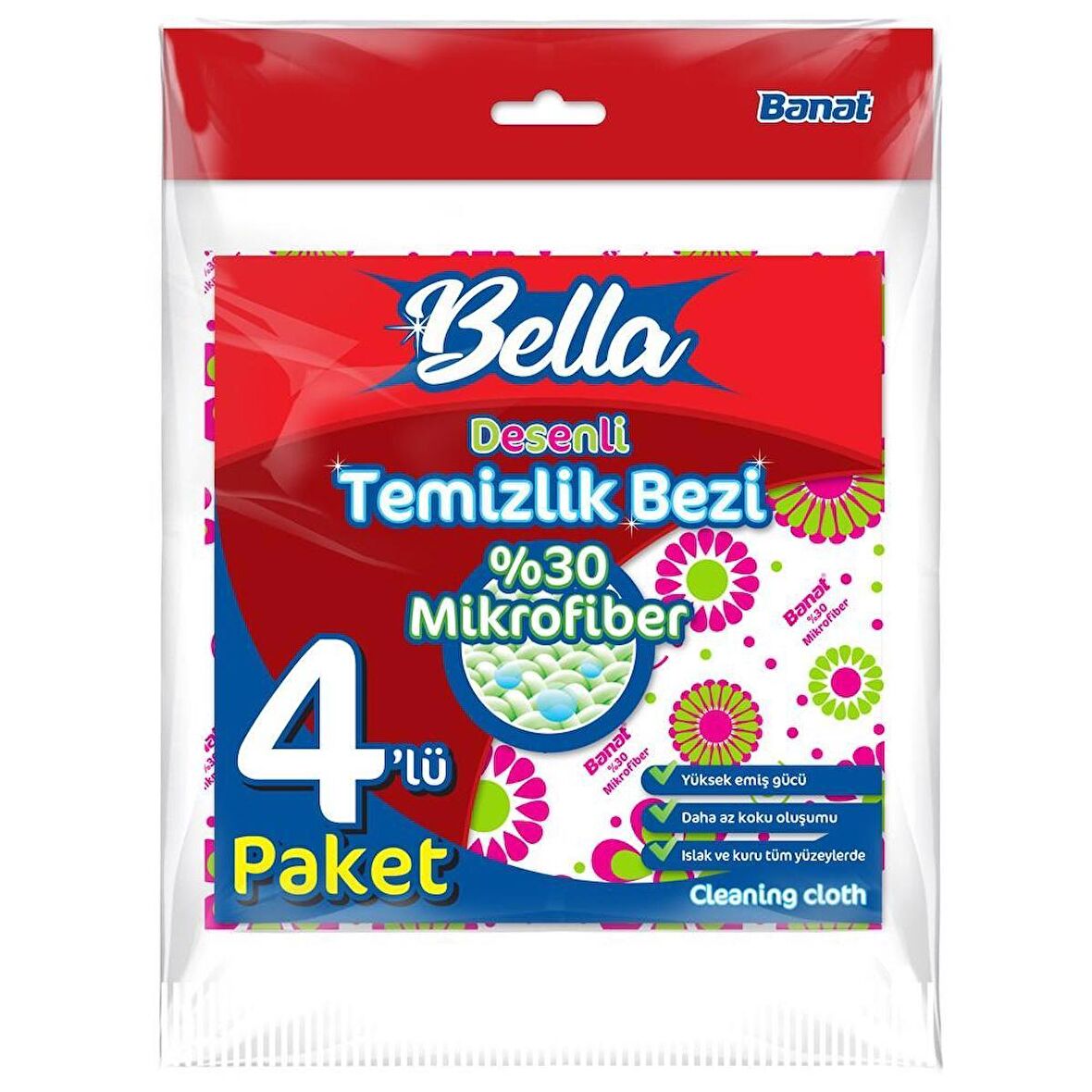 Bella Desenli %30 Mikrofiber Temizlik Bezi 4'lü Paket