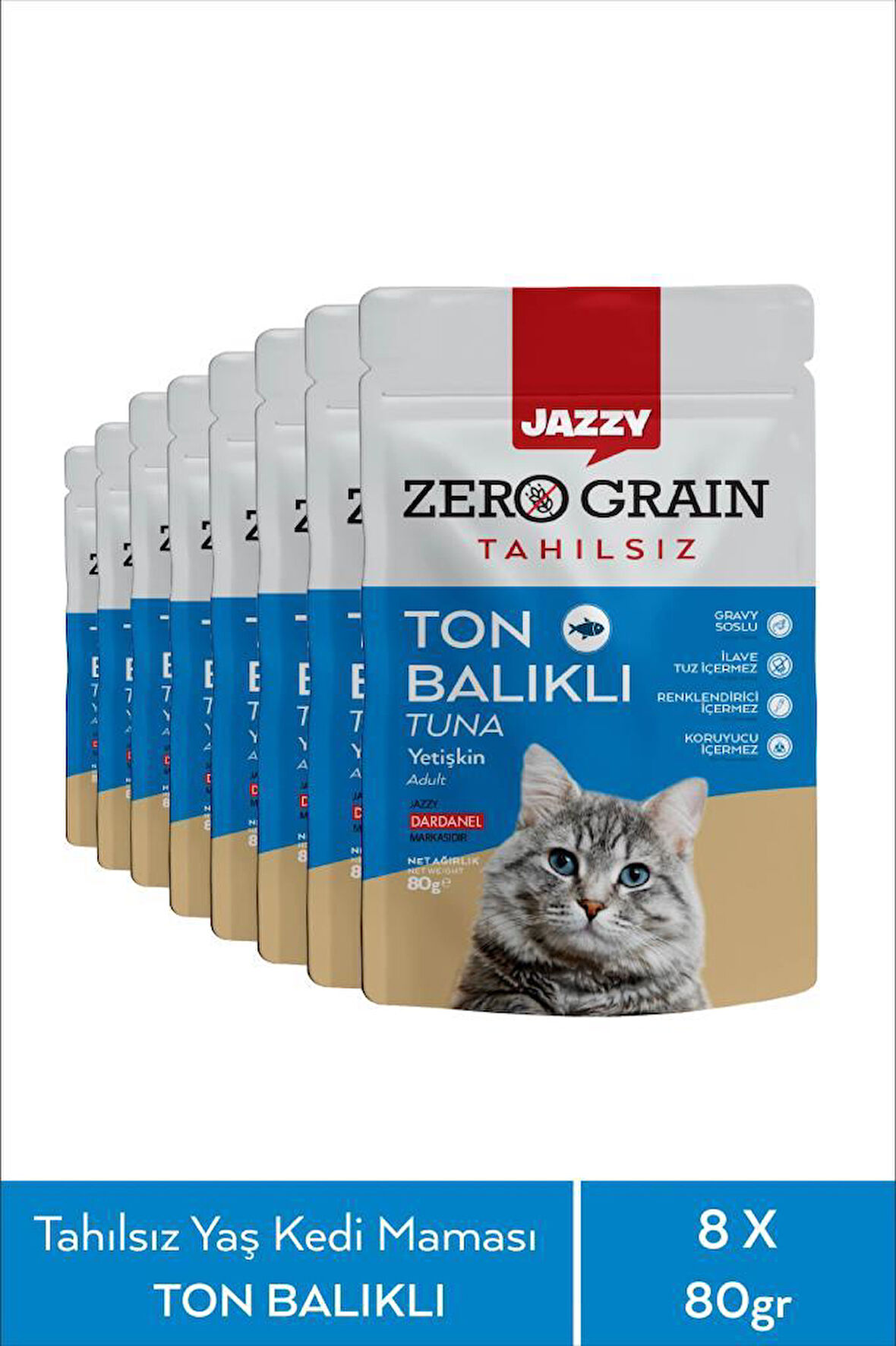 Jazzy Zero Grain Kedi Maması Ton Balıklı Poşet 80 gr x 8 Adet