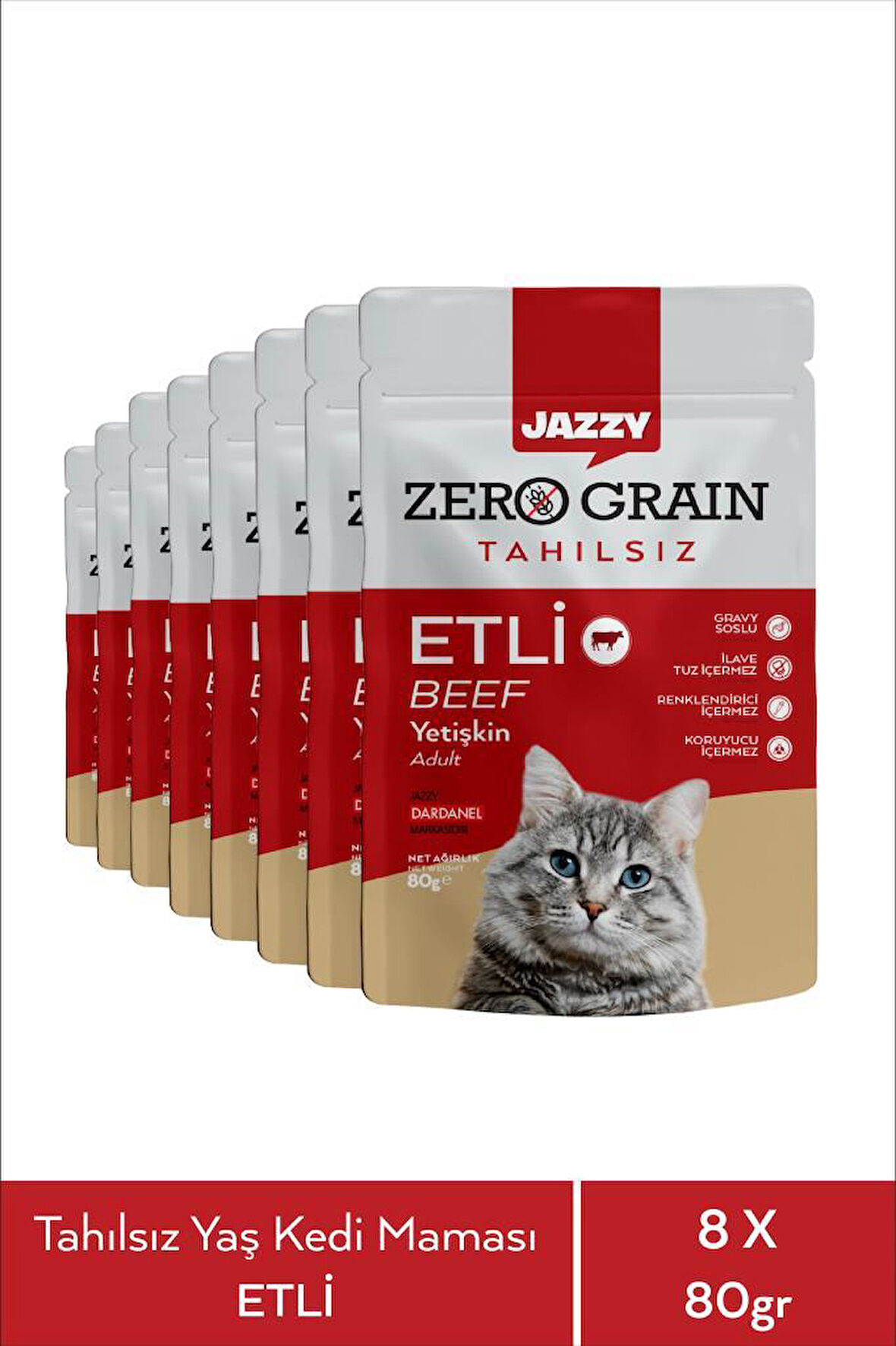 Jazzy Zero Grain Kedi Maması Etli Poşet 80 gr X 8 Adet