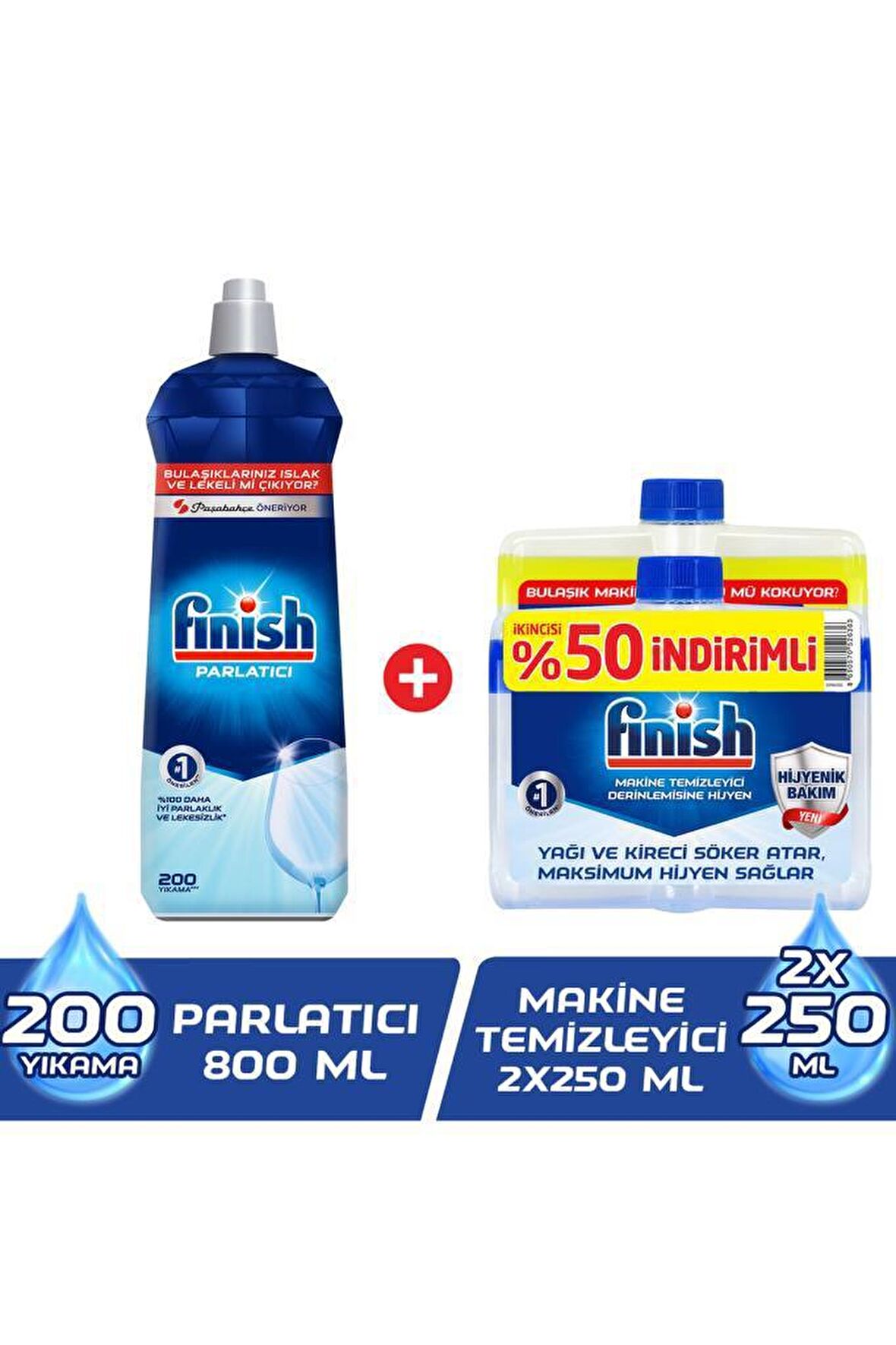 Finish Bulaşık Makinesi Parlatıcısı 800 ml + Finish Bulaşık Makine Temizleyici 2x250 ml 