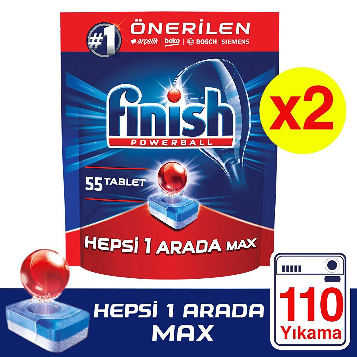 Finish Hepsi Bir Arada 110 Yıkama Tablet Bulaşık Makinesi Deterjanı 2x55 Adet 